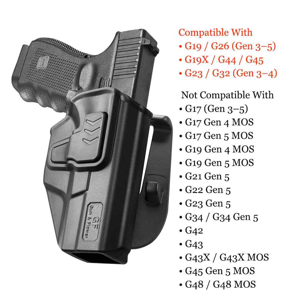 G19 Holster, OWB Holster Compatible with Glock G19 Gen3-5 G19X G23 Gen3-4 G26 Gen3-5 G32 Gen3-4 G44 G45, Outside Waistband Carry Holster with Level II Retention, 360 Degrees Adjustable Paddle, Right/Left Hand