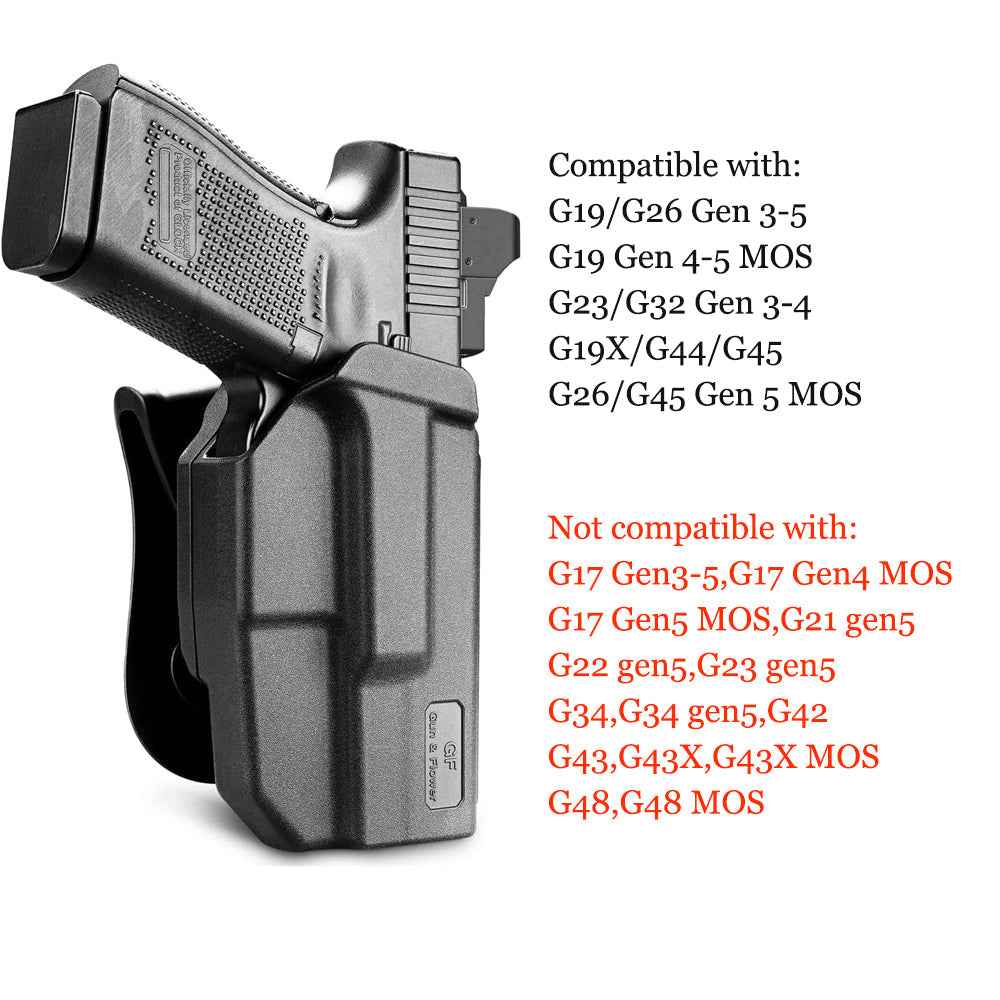 OWB Thumb Release Holster Fit Glock G19 Gen3-5 G19X G19 Gen4 MOS G19 Gen5 MOS G23 Gen3-4 G26 Gen3-5 G26 Gen5 MOS G32 Gen3-4 G44 G45 G45 MOS Compatible with Red Dot/Optics, Right Handed | Gun & Flower