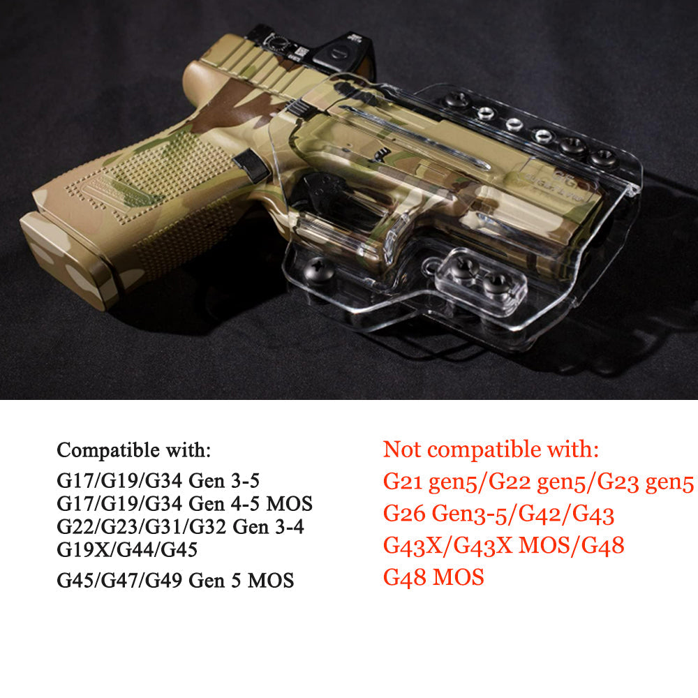 Glock G17 Gen3-5 G17 Gen4 MOS G17 Gen5 MOS G19 Gen3-5 G19X G19 Gen4 MOS G19 Gen5 MOS G23 Gen3-4 G26 Gen5 MOS G32 Gen3-4 G34 Gen3-5 G34 Gen5 MOS G44 G45 G45 MOS Clear IWB & OWB Convertable Polymer Holster , Right Hand | Gun & Flower Gun & Flower
