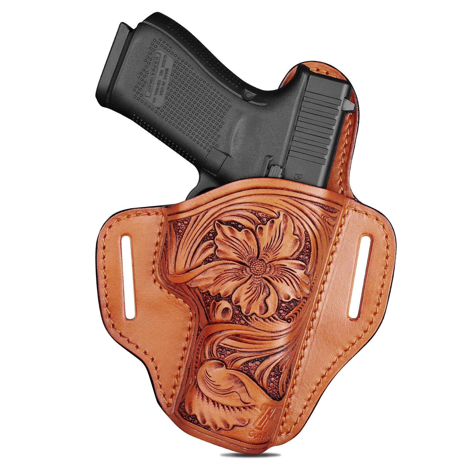 GUN & FLOWER Hand-Carved Full-Grain Leather Luxury OWB Holster for Glock 17/19 Gen 3-5, 22/23/31/32 Gen 3-4, Glock 19x/44/45 – Exclusive Dual-Sided Smooth Protection, Floral Design, Fits 1.5" Belts polymerholster