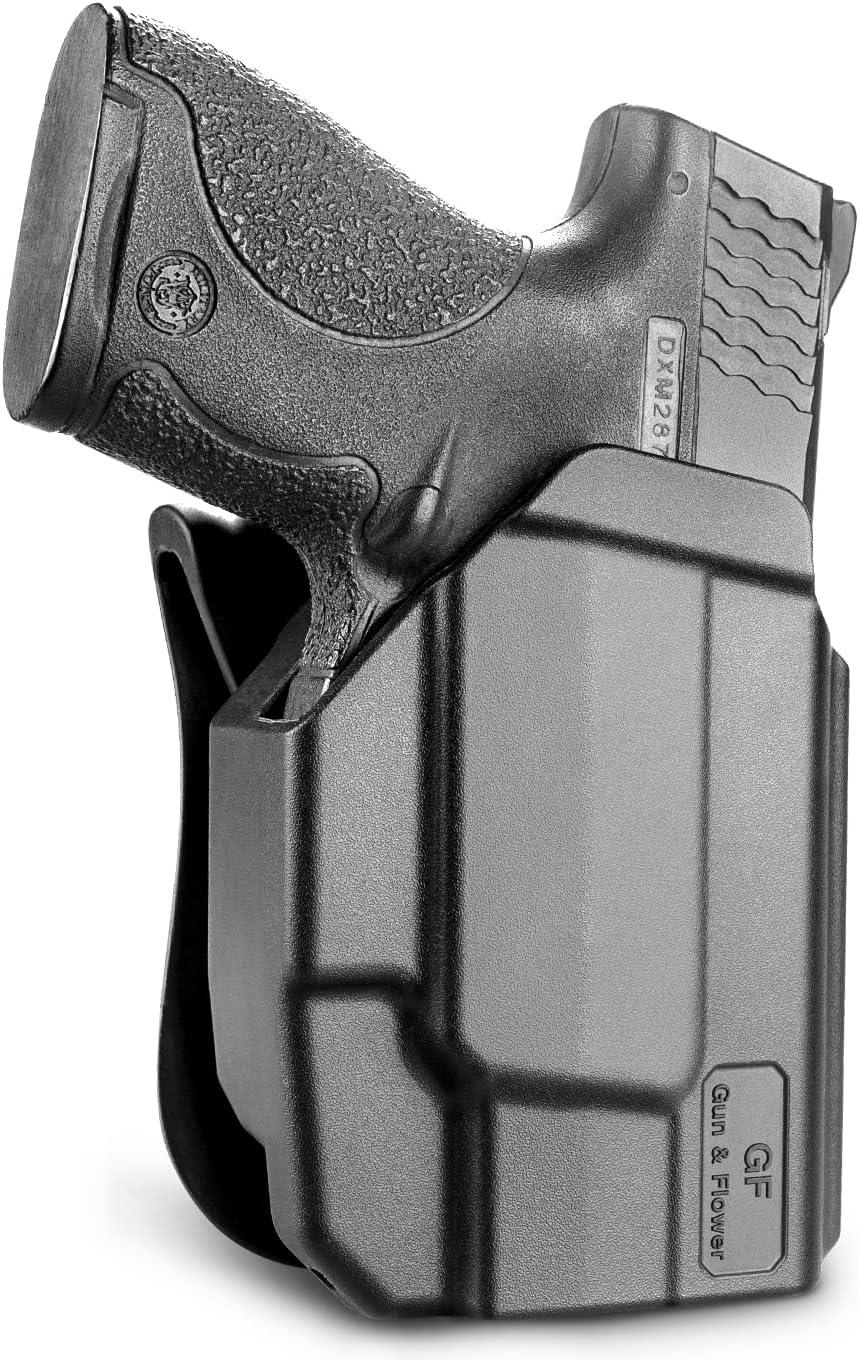 OWB Holster Fits M&P Shield with Integrated Crimson Trace Laser, Level 2 Retention Thumb Release, 360 Degrees Adjustable Paddle, Right Hand Gun & Flower