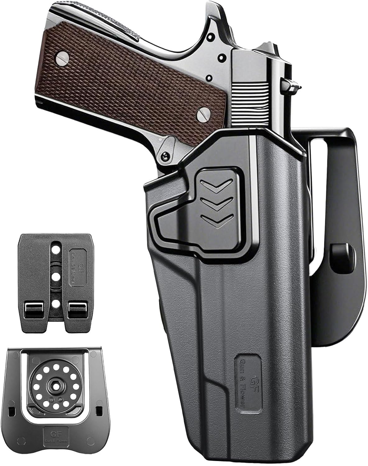 GUN & FLOWER OWB Holster Fit 1911 Colt-Elite Force-Kimber-Springfield-RIA-S&W-Ruger-Taurus-Rock Island and Most 1911 5'' No Rail, Index Finger Release, 360 Degrees Adjustable Paddle w/Molle Adapter polymerholster