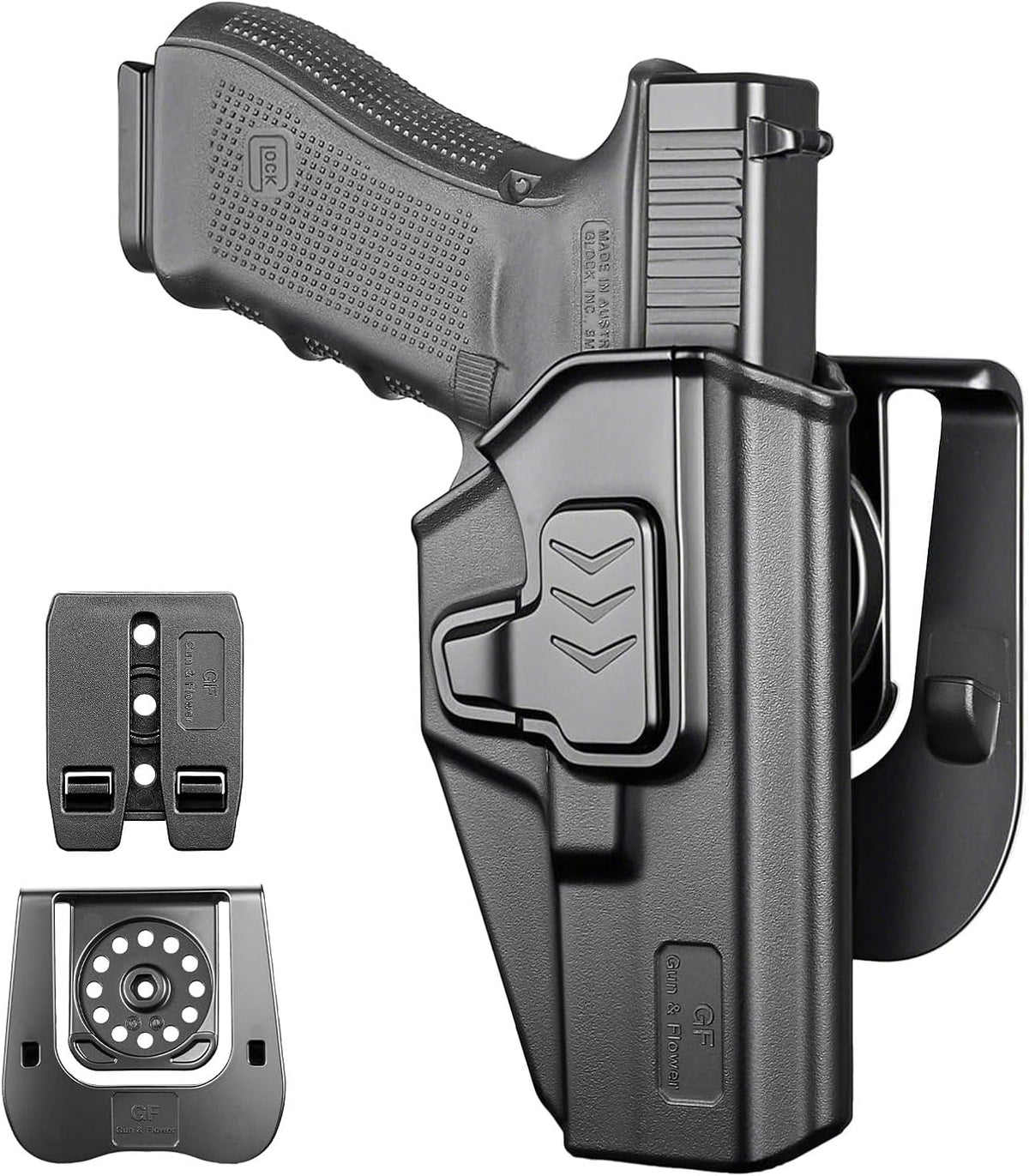 GUN & FLOWER OWB Paddle Holster Fits Glock 17 Gen3-5, Glock 22/31 Gen3-4, Glock 44/45, Outside Waistband Carry Paddle w/Molle Adapter, Level II Index Finger Release, 360 Degrees Adjustable, Right Hand polymerholster