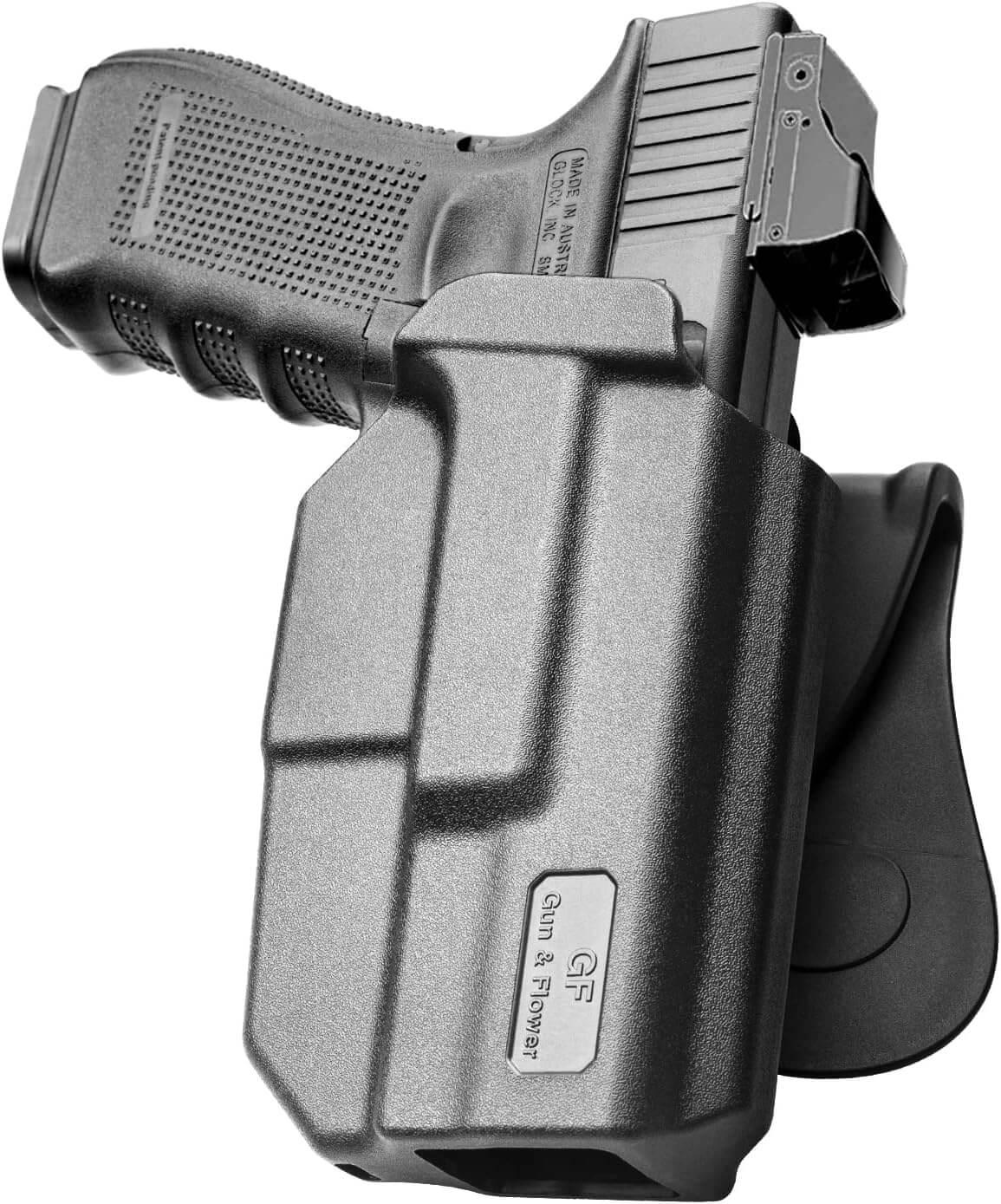 OWB Thumb Release Holster Fit Glock G17 Gen3-5 G17 Gen4 MOS G17 Gen5 MOS G19 Gen3-5 G19X G19 Gen4 MOS G19 Gen5 MOS G23 Gen3-4 G22 Gen3-4 G31 Gen3-4 G32 Gen3-4 G44 G45 G45 MOS,Compatible with Red Dot/Optics, Right Handed Gun & Flower