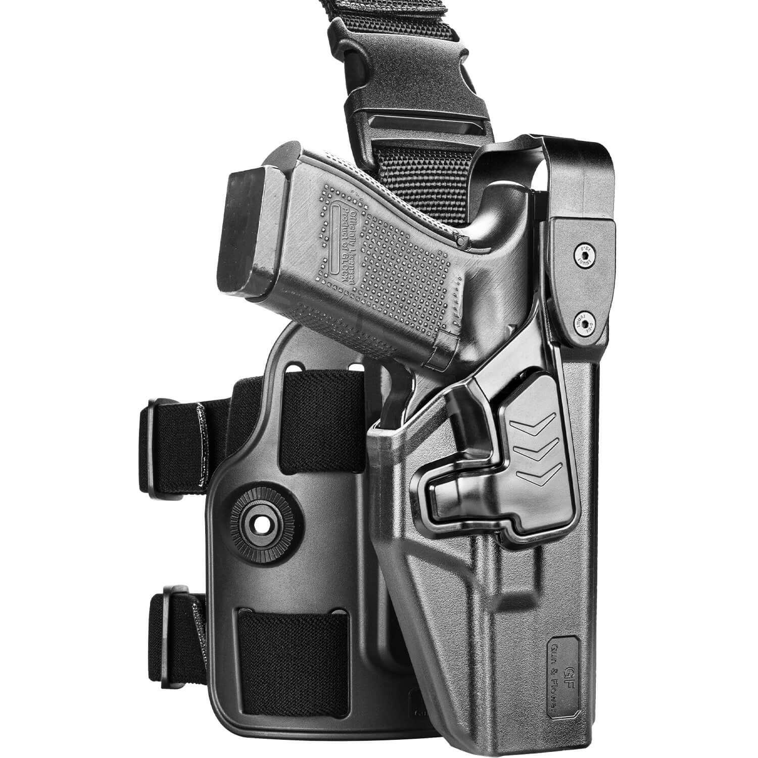 Level III Holster for Glock 19/17 Drop Leg Holster, Leg Holster for Glock 17/19/31/32(Gen 1-5), G22/G23(Gen 1-4), G19X, 44, 45, Thigh Holster, Fit 1.5, 1.75, 2.0'' security Belt, Adj. Ride Height|Gun &Flowers Gun & Flower