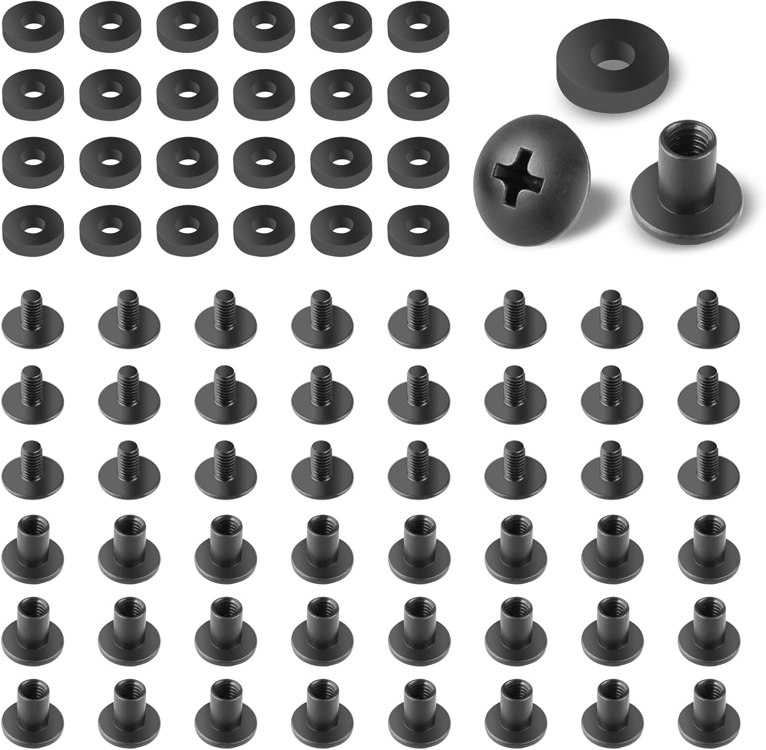 24 Sets Black Chicago Screws for DIY Kydex/Leather Holsters, Clips & Knife Sheaths - Includes Phillips Truss Heads, Slotted Fasteners & Rubber Spacers | Secure Fit, Anti-Loosening
