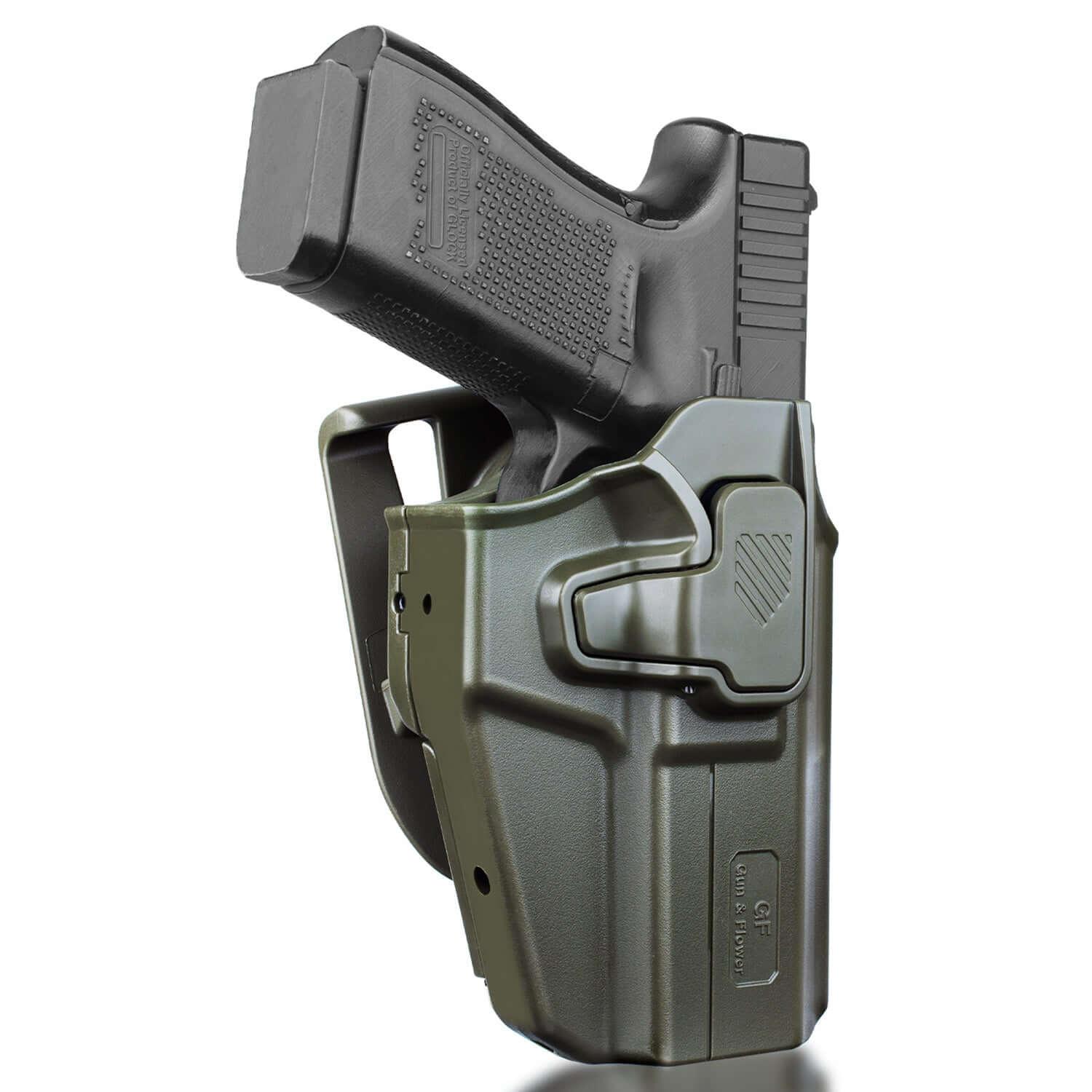 Universal OWB Green Holster Fits More Than 100 Pistols, Index Finger Release System, Adj Retention, Right Hand Gun & Flower