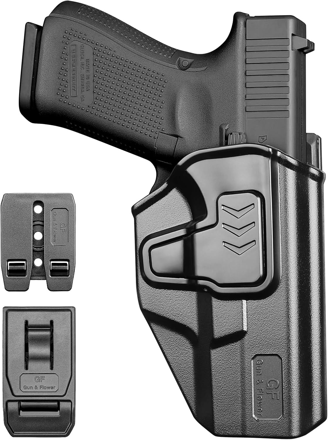 GUN & FLOWER OWB Holster Fits Golck 19 Gen3-5 G19X G23 Gen3-4 G26 Gen3-5 G32 Gen3-4 G44 G45, Outside Waistband Carry Belt Clip w/MOLLE Adapter, Level II Index Finger Release, 360 Degrees Adjustable, Right Hand polymerholster