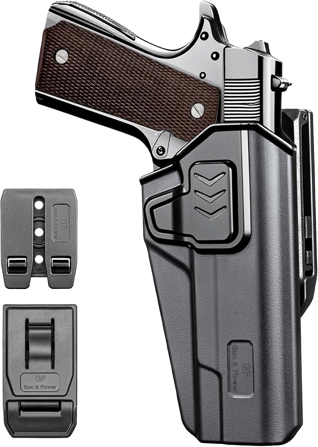 GUN & FLOWER OWB Holster Fit 1911 Colt-Elite Force-Kimber-Springfield-RIA-S&W-Ruger-Taurus-Rock Island and Most 1911 5'' No Rail, Index Finger Release, 360 Degrees Adjustable Belt Clip w/Molle Adapter polymerholster