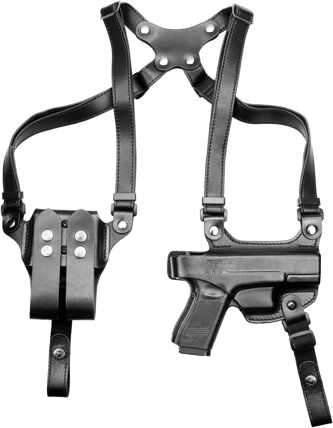 Handmade Glock 19 Shoulder Holster, Thumb Break Full Grain Leather Shoulder Holster for Glock 19, 19x, 23, 32, 45, Double Mag Holder Included, Adjustable Strap for Concealed Carry, Right Handed Gun & Flower