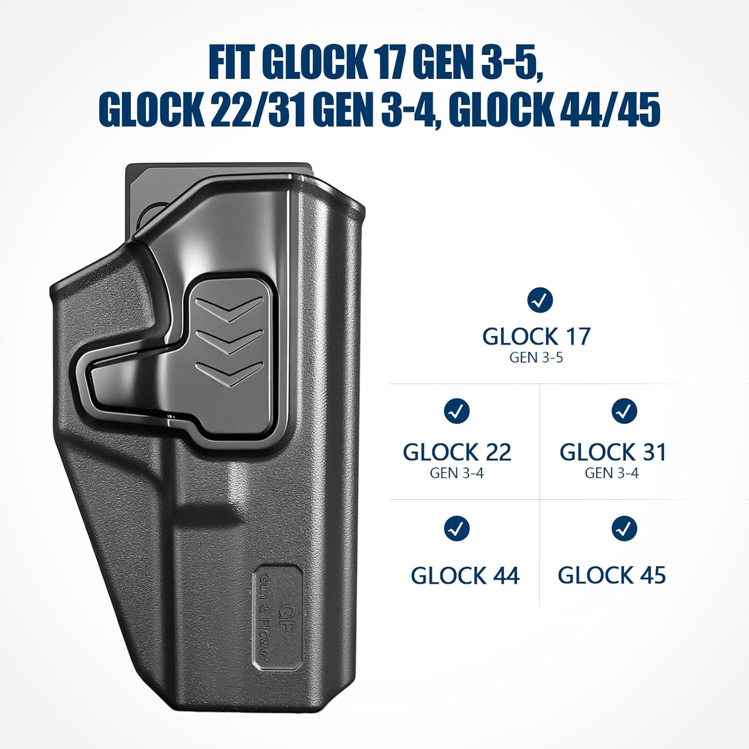 GUN & FLOWER OWB Holster Fits Glock 17 Gen 3-5, Glock 22/31 Gen 3-4, Glock 44/45, Outside Waistband Carry Belt Clip w/Molle Adapter, Level II Index Finger Release, 360 Degrees Adjustable, Right Hand