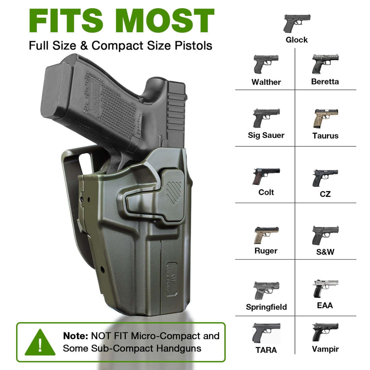 Universal OWB Green Holster Fits More Than 100 Pistols, Index Finger Release System, Adj Retention, Right Hand - Polymerholster