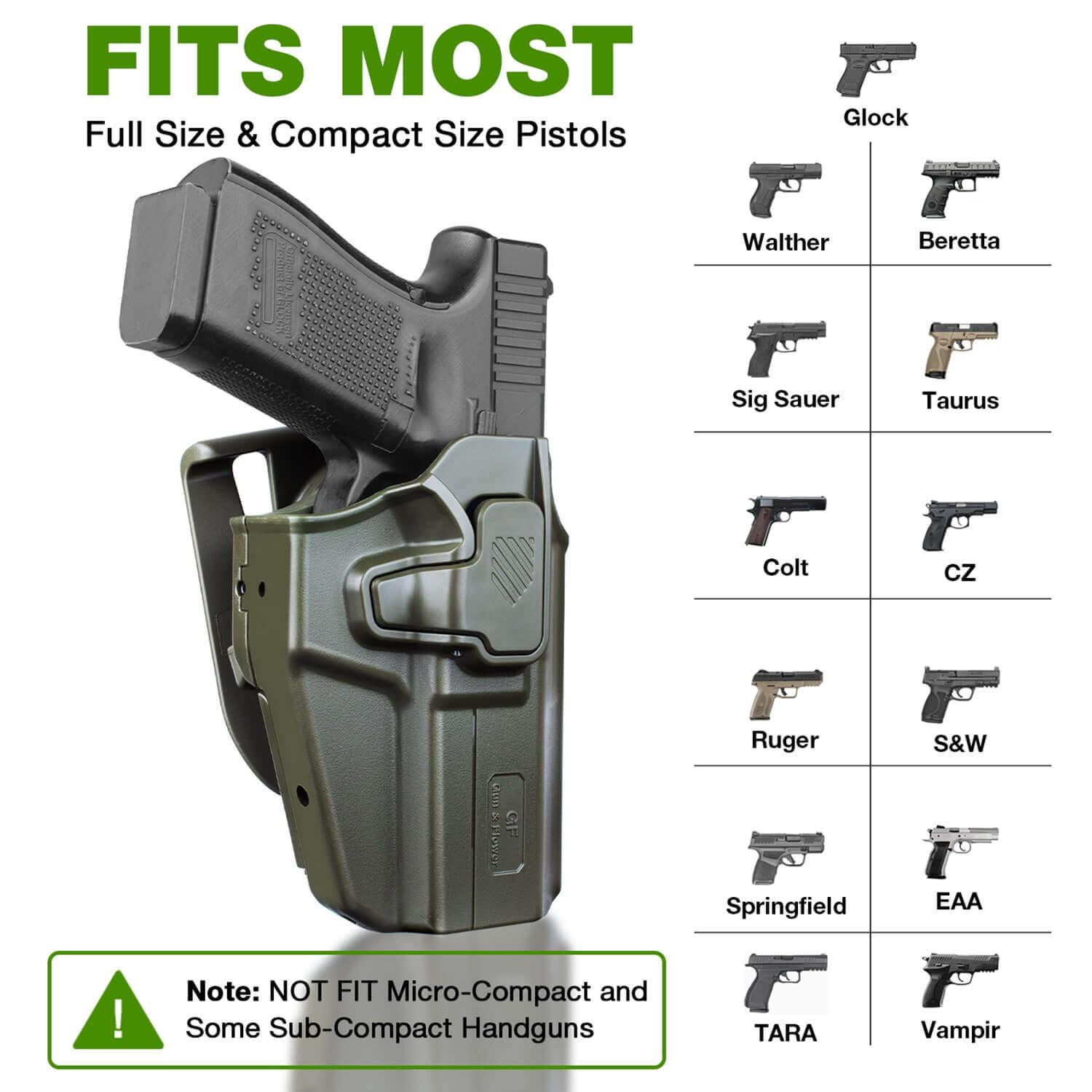 Universal OWB Green Holster Fits More Than 100 Pistols, Index Finger Release System, Adj Retention, Right Hand Gun & Flower