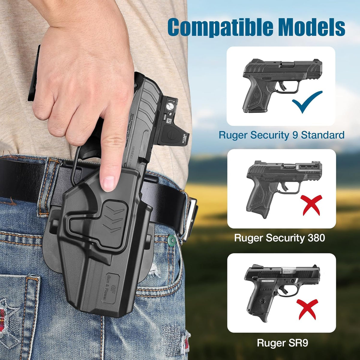 OWB Holster Compatible with Ruger Security 9 Standard, Fits Red Dot/Optics, Level II Index Finger Release Gun Holster, Outside Waistband Carry, 360° Adjustable Paddle, Right Hand GUN & FLOWER
