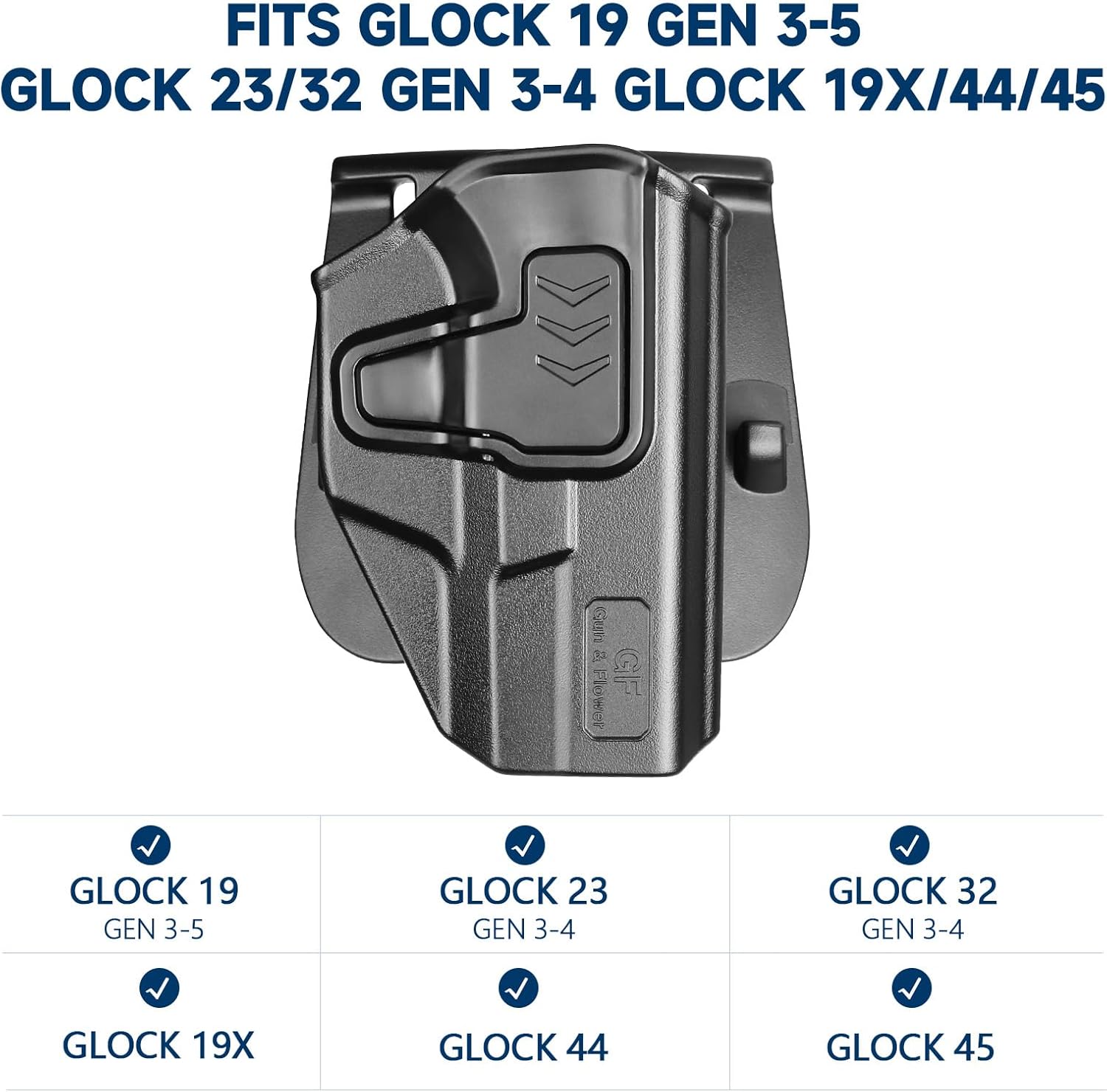 GUN & FLOWER OWB Paddle Holster Fits Glock G19 Gen3-5, G23/G32 Gen3-4, G19X/G44/G45, Outside Waistband Carry Paddle w/Molle Adapter, Level II Index Finger Release, 360 Degrees Adjustable, Right Hand