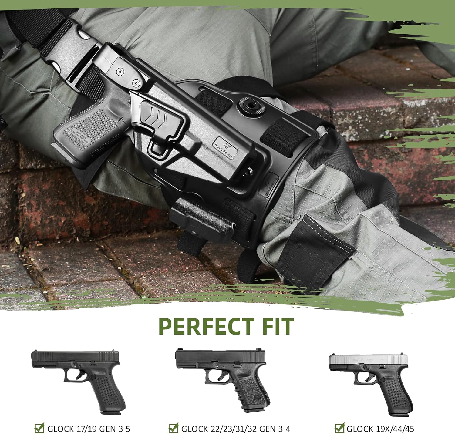 Level III Retention G17 Drop Leg Holster with Single Mag Holder – Fits Glock 17/19 (Gen 3-5), Glock 22/23/31/32 (Gen 3-4), Glock 19X/44/45 – Tactical Thigh Holster Adjustable Right Hand polymerholster