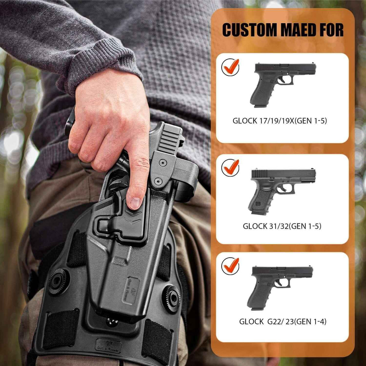 Level III Holster for Glock 19/17 Drop Leg Holster, Leg Holster for Glock 17/19/31/32(Gen 1-5), G22/G23(Gen 1-4), G19X, 44, 45, Thigh Holster, Fit 1.5, 1.75, 2.0'' security Belt, Adj. Ride Height|Gun &Flowers