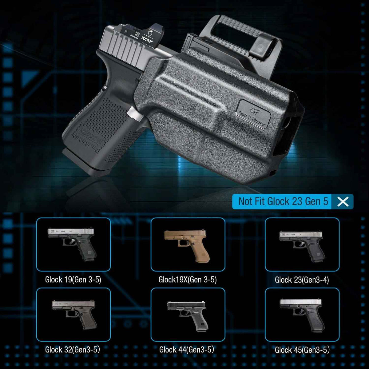 Glock 19 Holster, Level II Retention OWB Holster for Glock19 19X 32 44 45(Gen 3 4 5) 丨Glock23(Gen 3 4), Belt Loop Attachment, Outside Waistband Carry, Thumb Release,right hand|Gun & Flower