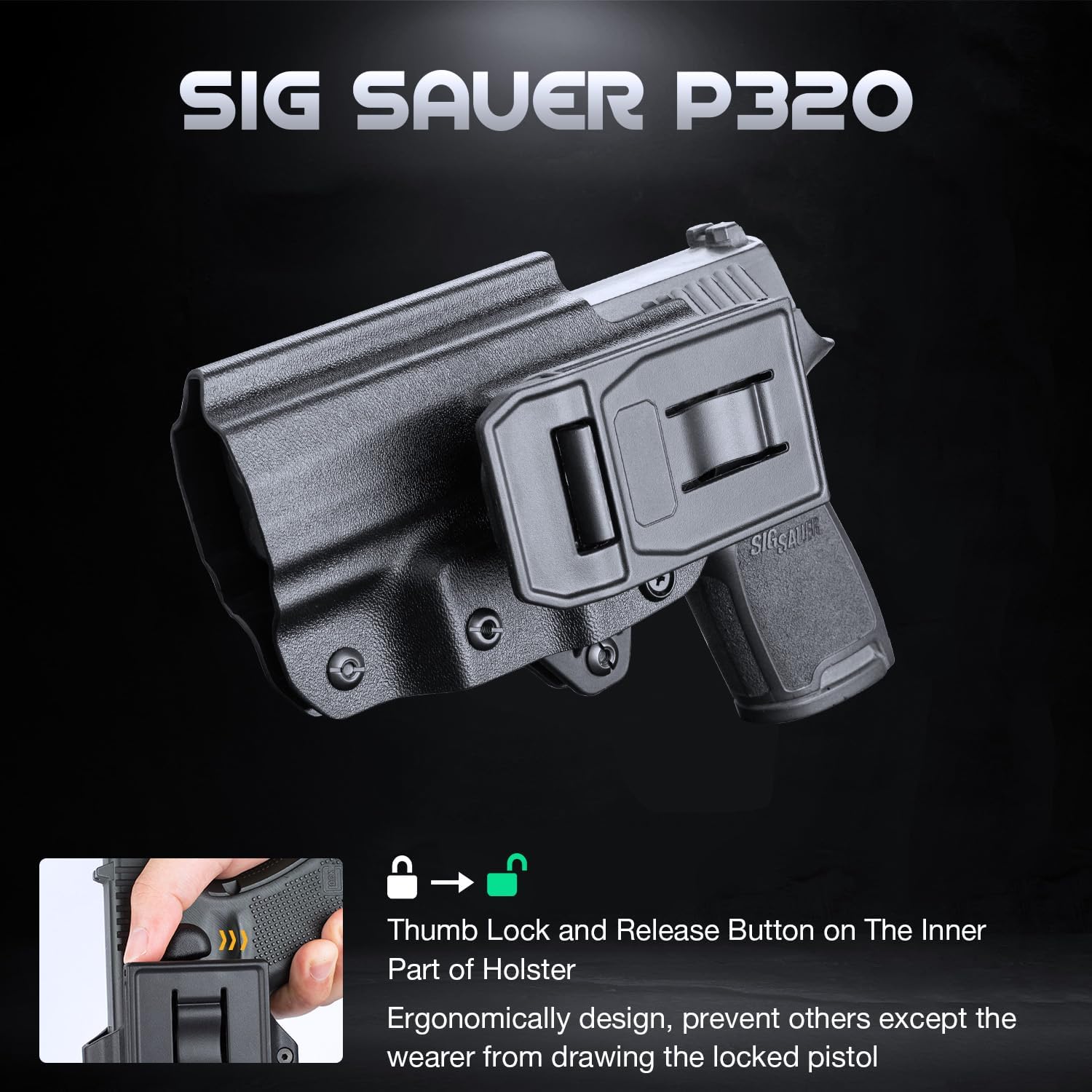 WARRIORLAND OWB KYDEX Holster Thumb Release & Optics Cut Fit: Sig Sauer P320 Full Size/Compact/ P320 M17/P320 M18/P320 X Carry/P320 XFM/P320 AXG Combat/P320 AXG Legion/P320 X Five, Outside Waistband 360 Degree Adj. Fits 1.5"-2.25" Belt, Right Hand polymerholster