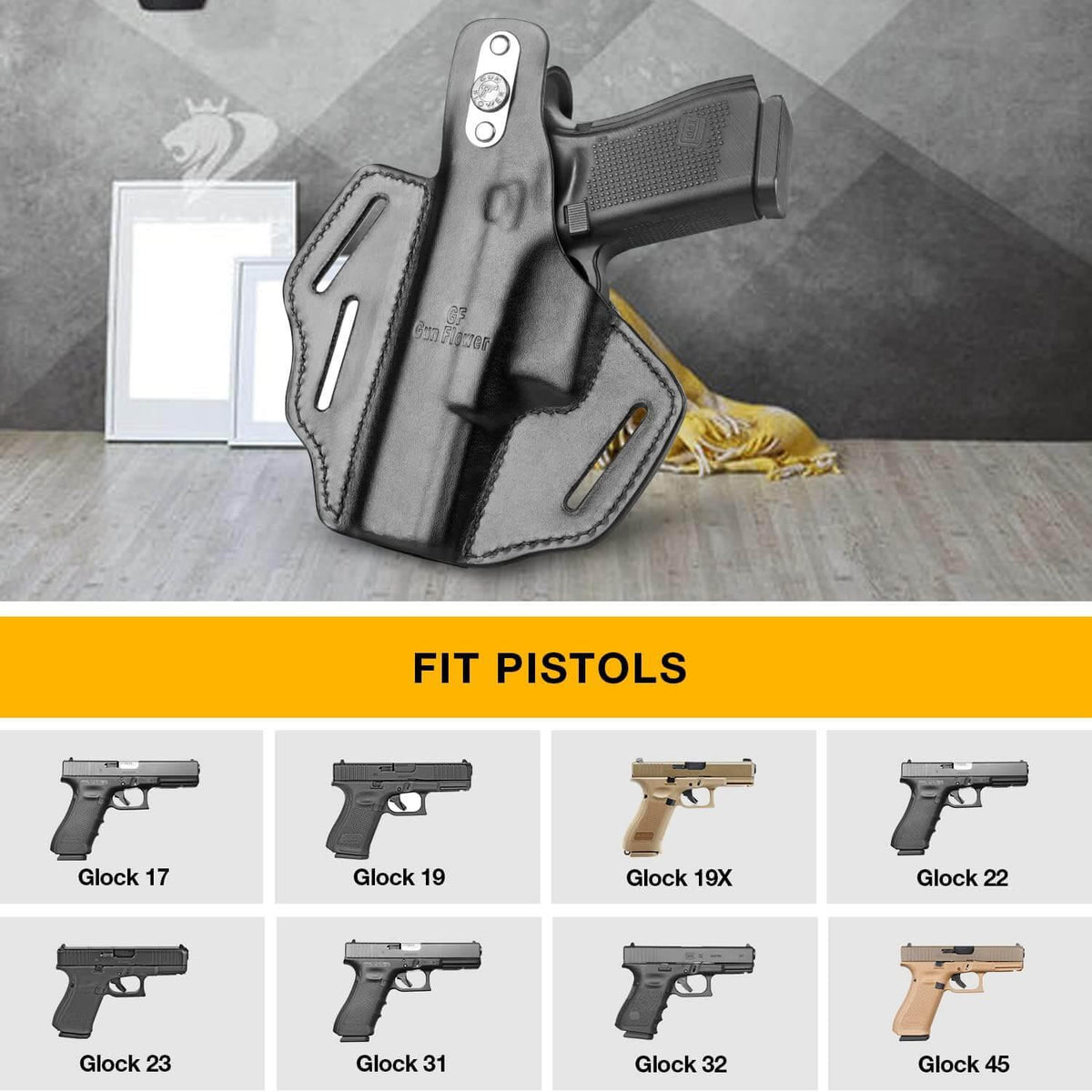 Full Grain Leather OWB Thumb Break Holster for Glock 17 19 19x 22 23 31 32 45 | Right Hand Gun & Flower