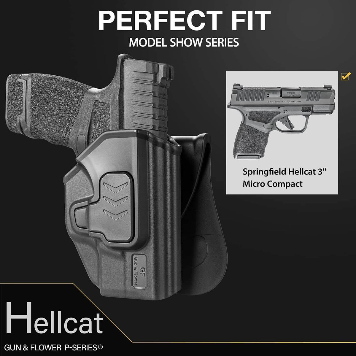 Springfield Hellcat Micro-Compact 3'' 9mm Holster, Outside Waistband Carry OWB Holster,Adjustable Cant/Index Finger Release, Right Hand Gun & Flower