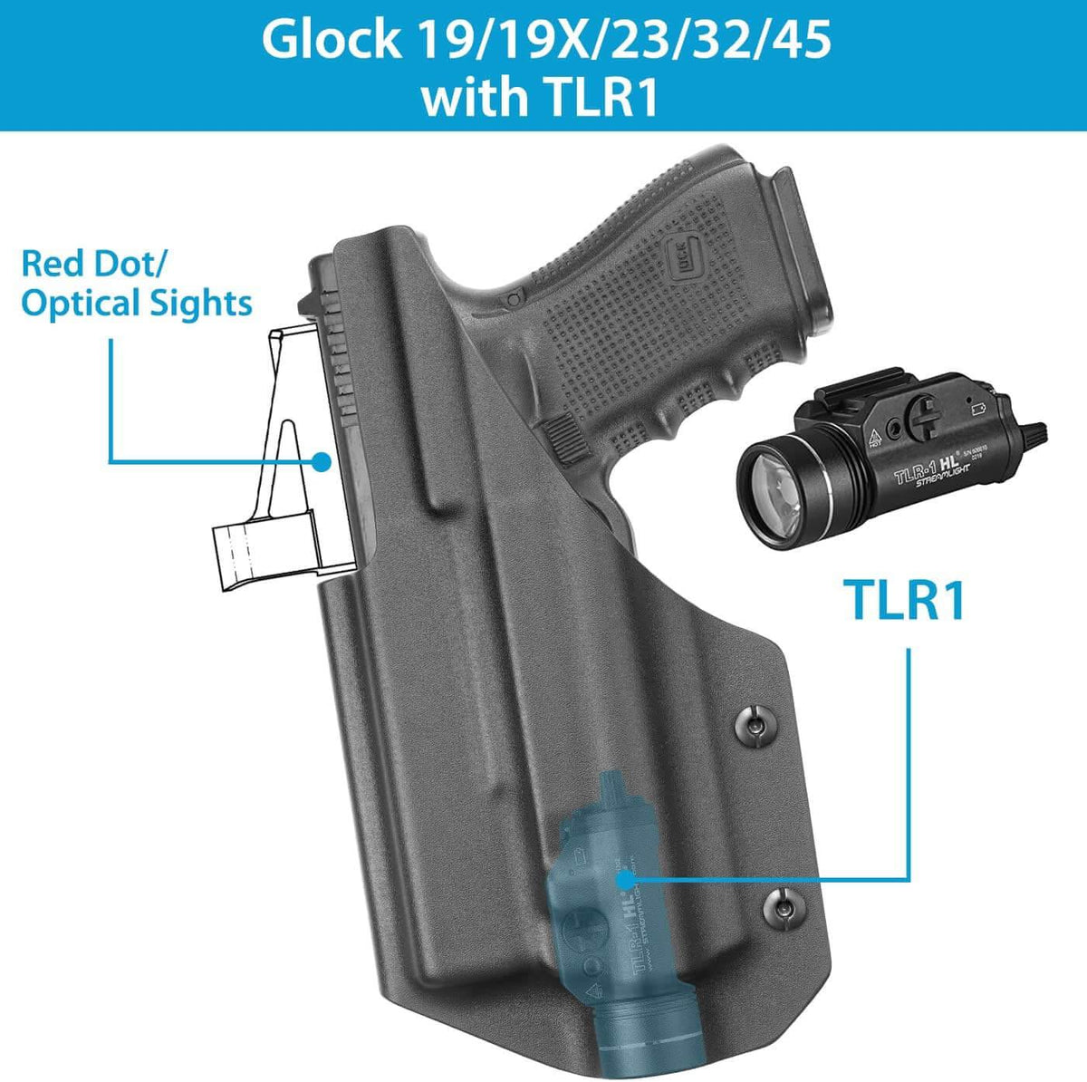 IWB Kydex Holster for Glock 19 19X 23 32 45 w/ Streamlight TLR1 -Optic Ready, Adj. Retention, Fit 1.5 & 1.75'' Wide Belt, Right Hand | Gun & Flower Gun & Flower