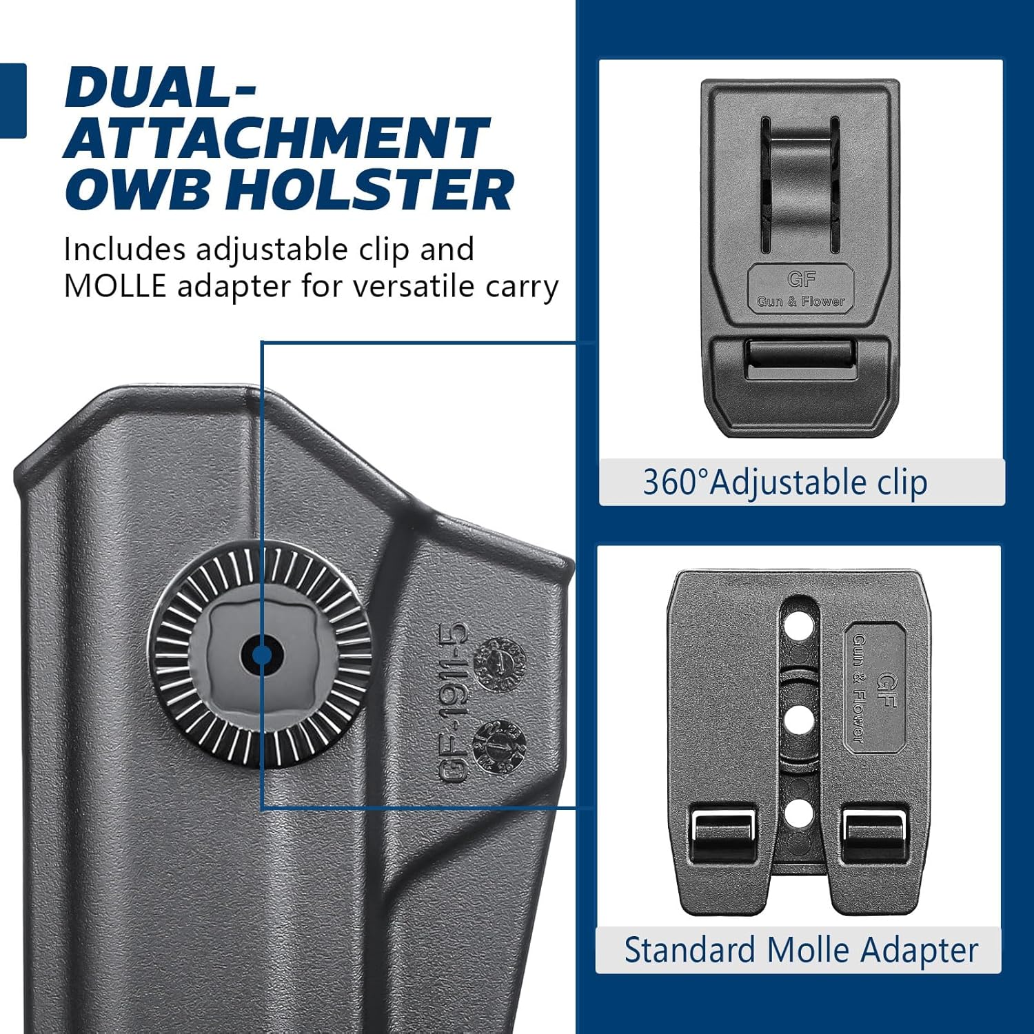 GUN & FLOWER OWB Holster Fit 1911 Colt-Elite Force-Kimber-Springfield-RIA-S&W-Ruger-Taurus-Rock Island and Most 1911 5'' No Rail, Index Finger Release, 360 Degrees Adjustable Belt Clip w/Molle Adapter polymerholster