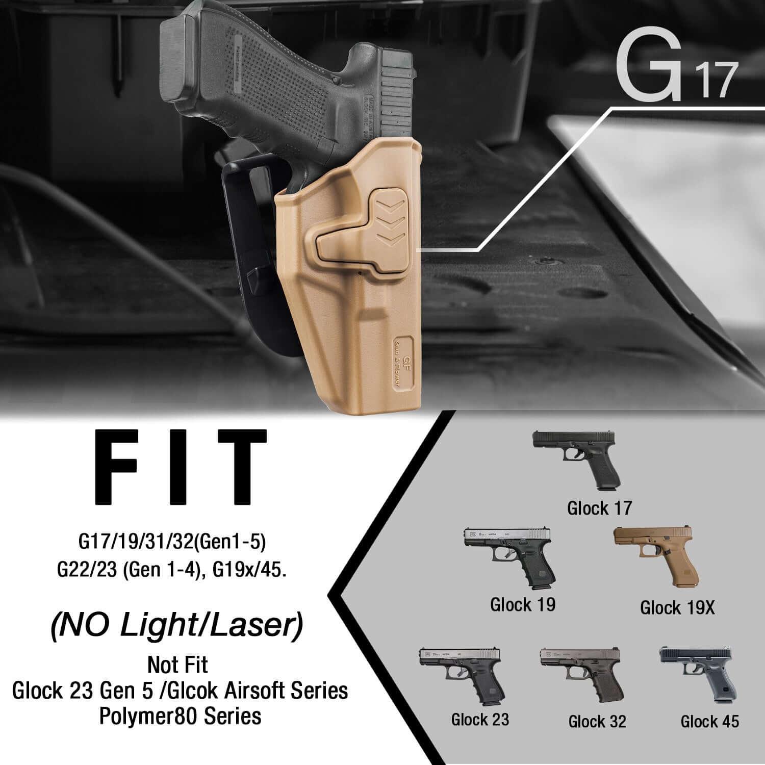 G17 Holster, OWB Holster Fits G17/19/31/32(Gen1-5), G22/23 (Gen 1-4), G19x/45, Open Carry Holster for Outside Waistband, Level II Retention, 360 Adjustable, Right Hand|Gun & Flower Gun & Flower
