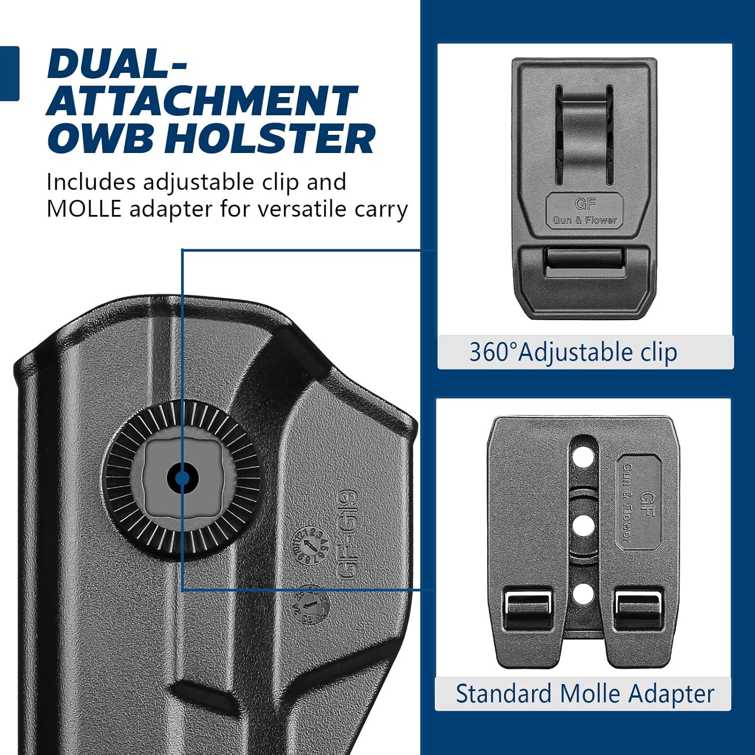 GUN & FLOWER OWB Holster Fits Golck 19 Gen3-5 G19X G23 Gen3-4 G26 Gen3-5 G32 Gen3-4 G44 G45, Outside Waistband Carry Belt Clip w/MOLLE Adapter, Level II Index Finger Release, 360 Degrees Adjustable, Right Hand polymerholster