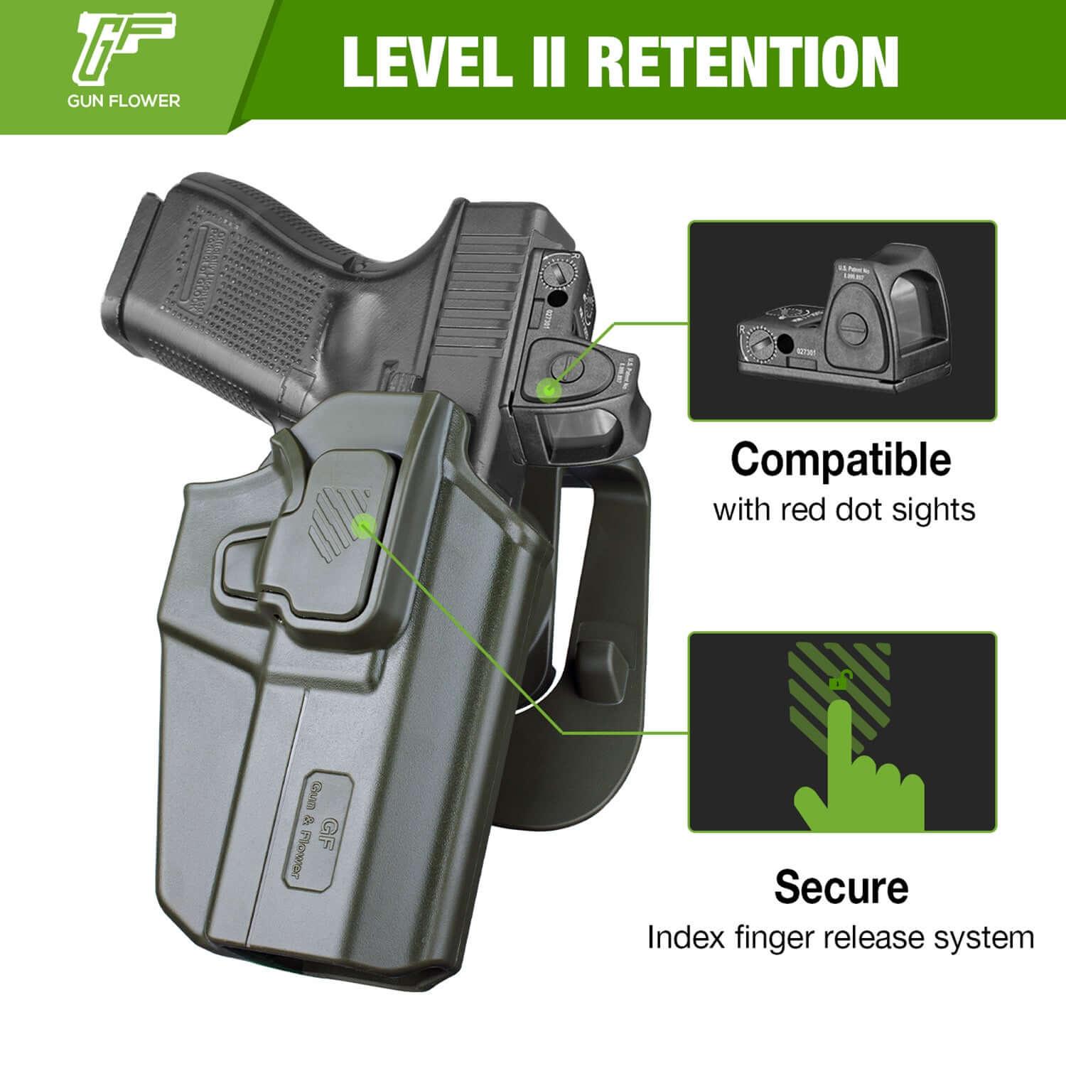 Universal OWB Green Holster Fits More Than 100 Pistols, Index Finger Release System, Adj Retention, Right Hand Gun & Flower