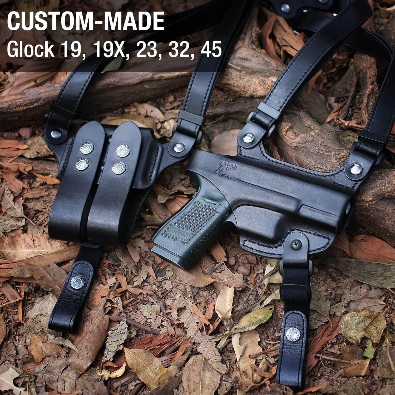 Handmade Glock 19 Shoulder Holster, Thumb Break Full Grain Leather Shoulder Holster for Glock 19, 19x, 23, 32, 45, Double Mag Holder Included, Adjustable Strap for Concealed Carry, Right Handed Gun & Flower