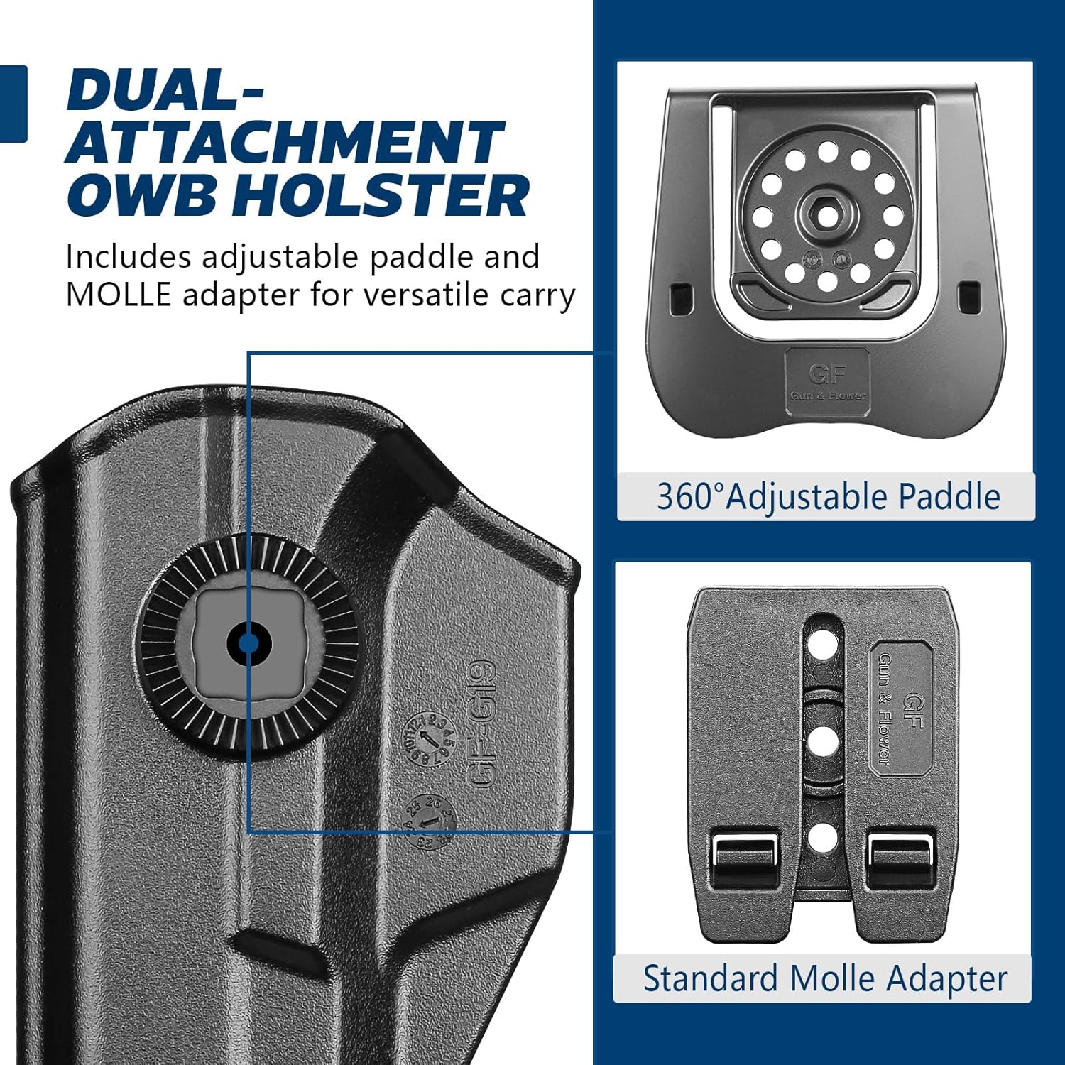 GUN & FLOWER OWB Paddle Holster Fits Glock G19 Gen3-5, G23/G32 Gen3-4, G19X/G44/G45, Outside Waistband Carry Paddle w/Molle Adapter, Level II Index Finger Release, 360 Degrees Adjustable, Right Hand