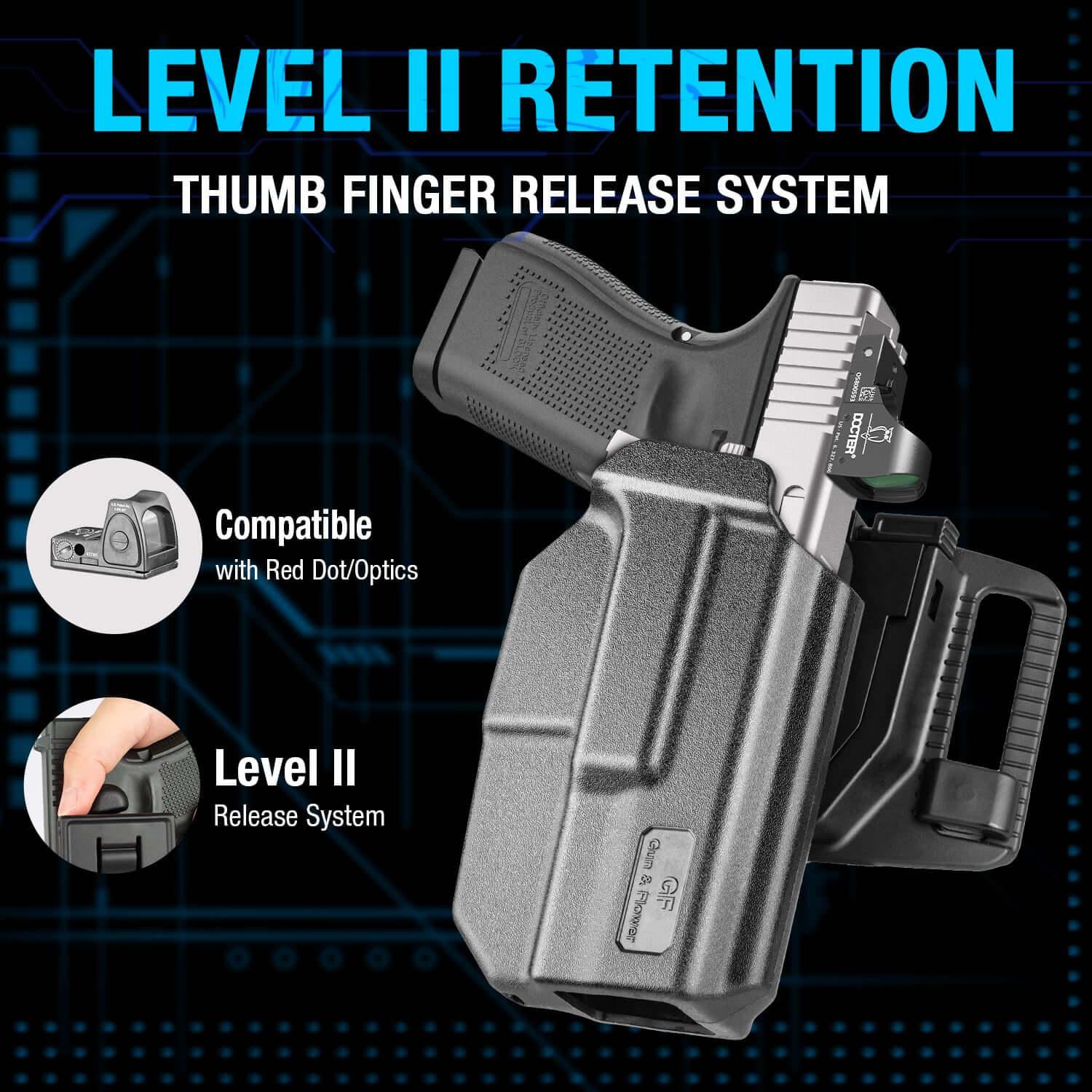 Glock 19 Holster, Level II Retention OWB Holster for Glock19 19X 32 44 45(Gen 3 4 5) 丨Glock23(Gen 3 4), Belt Loop Attachment, Outside Waistband Carry, Thumb Release,right hand|Gun & Flower Gun & Flower