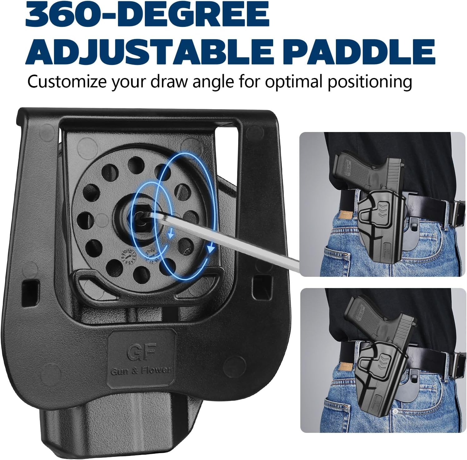 GUN & FLOWER OWB Paddle Holster Fits G19 Gen3-5 G26 Gen3-5 G19X G44 G45 MOS, Outside Waistband Carry Paddle w/Molle Adapter, Level II Index Finger Release, 360 Degrees Adjustable, Right Hand polymerholster