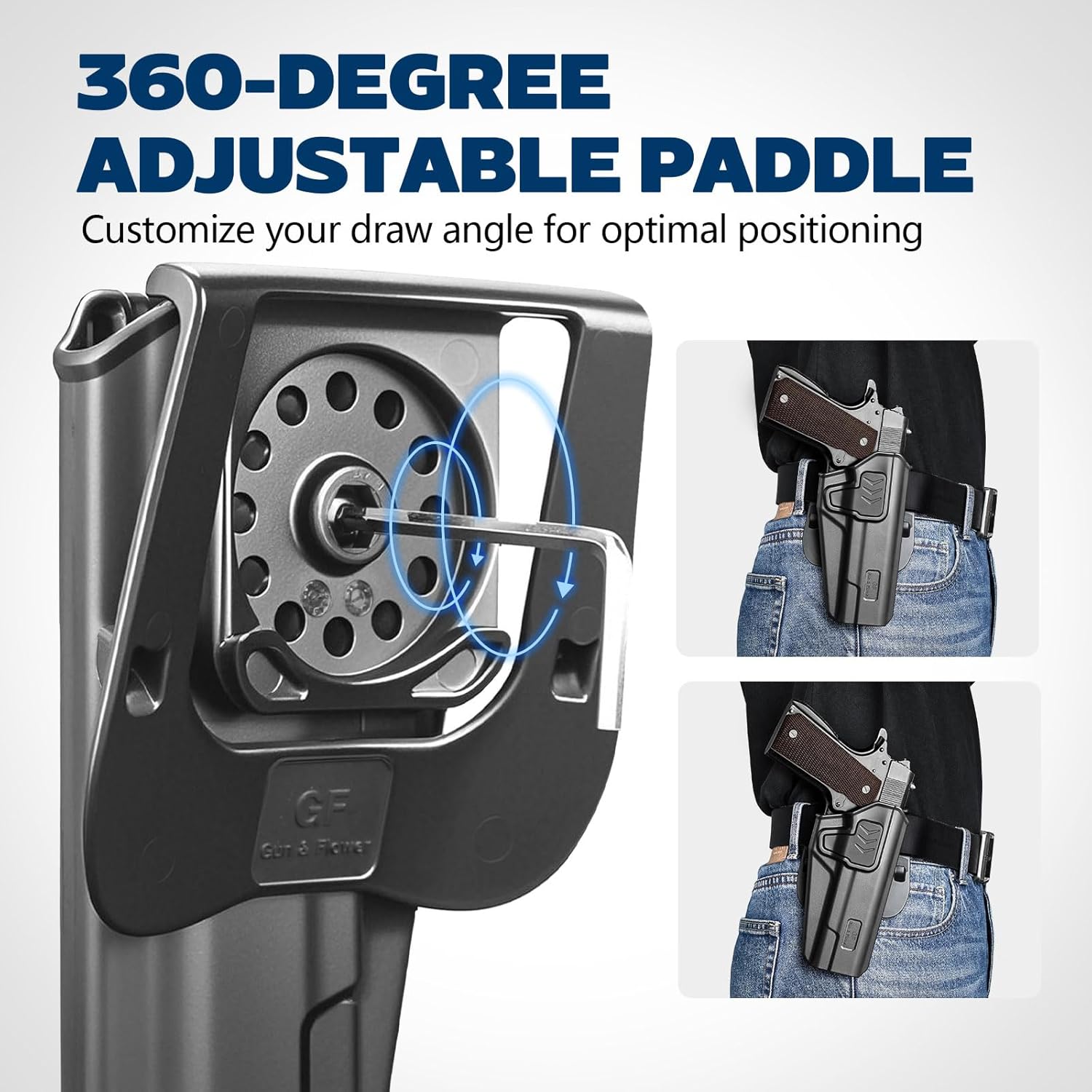 GUN & FLOWER OWB Holster Fit 1911 Colt-Elite Force-Kimber-Springfield-RIA-S&W-Ruger-Taurus-Rock Island and Most 1911 5'' No Rail, Index Finger Release, 360 Degrees Adjustable Paddle w/Molle Adapter polymerholster