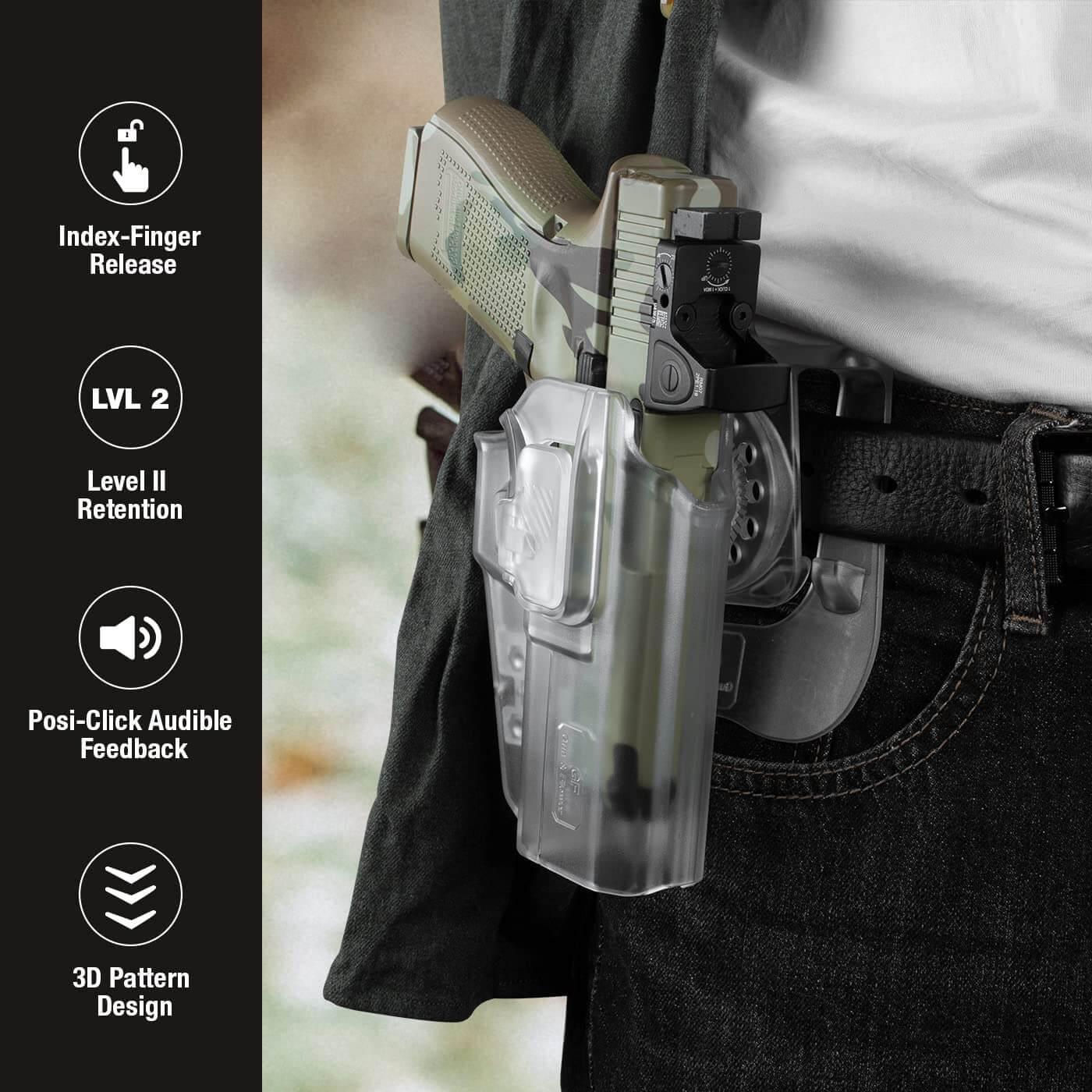 Frosted Clear Universal OWB Paddle Holster Level II with Index Finger Release & Optics Cut, Right Hand Gun & Flower