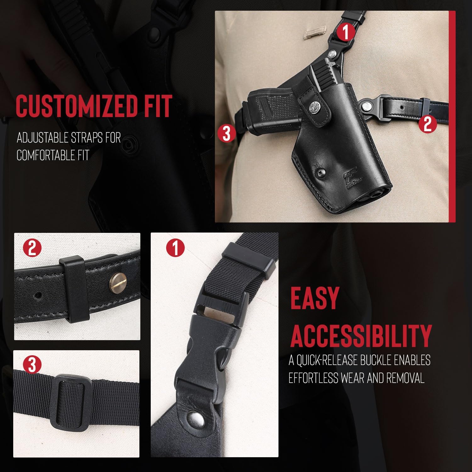 GUN & FLOWER Universal Leather Chest Holster Compatible with Glock 17/19/ 19X/ 22/43/ 43X, 1911, Taurus G2C/G3C, M&P 9, Sig P220/P226, 92FS and More, for Men and for Women, Right Hand