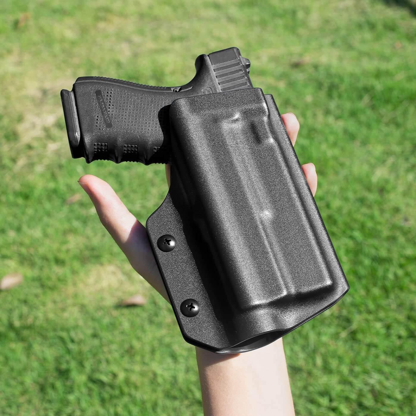 Glock 17/19 Gen 3-5 & Glock 19X/44/45 with Olight Baldr Mini/Baldr S/Baldr RL Mini, OWB Kydex Holster Adj Retention, Right Hand | Gun & Flower Gun & Flower