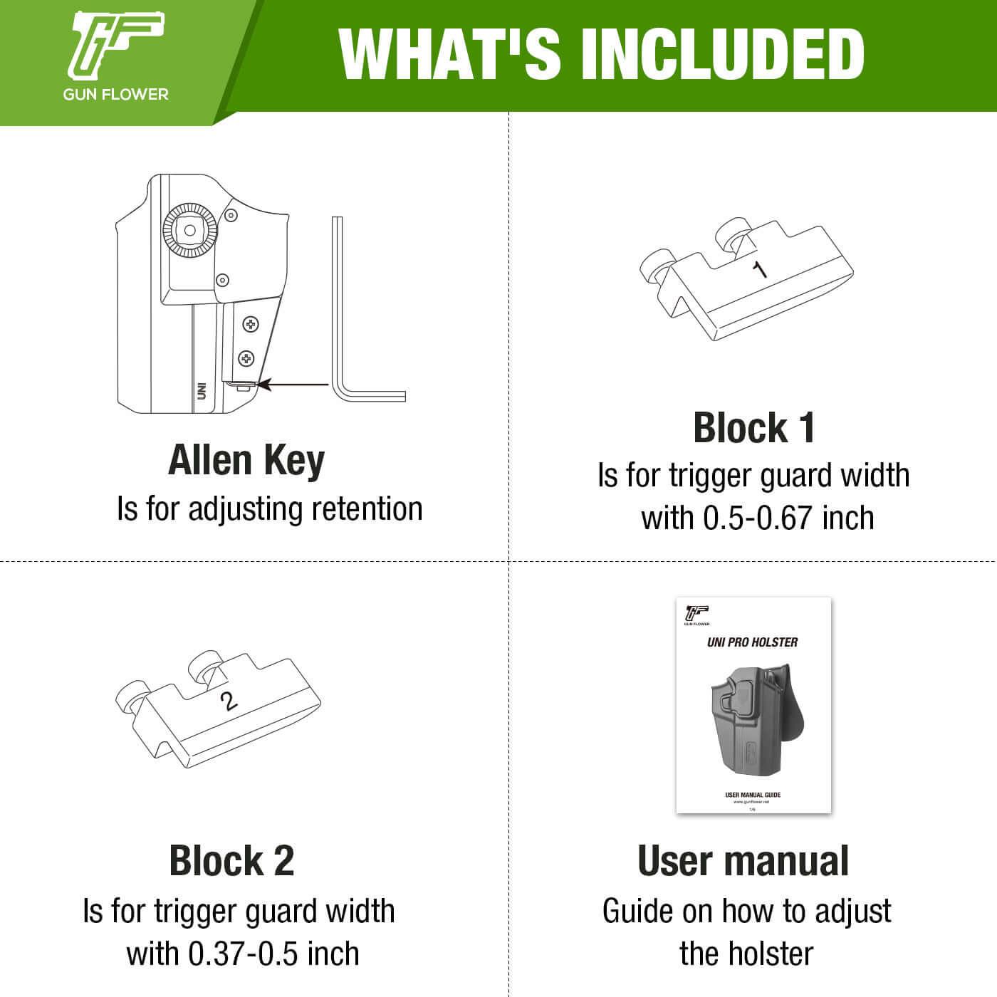 Universal OWB Green Holster Fits More Than 100 Pistols, Index Finger Release System, Adj Retention, Right Hand Gun & Flower