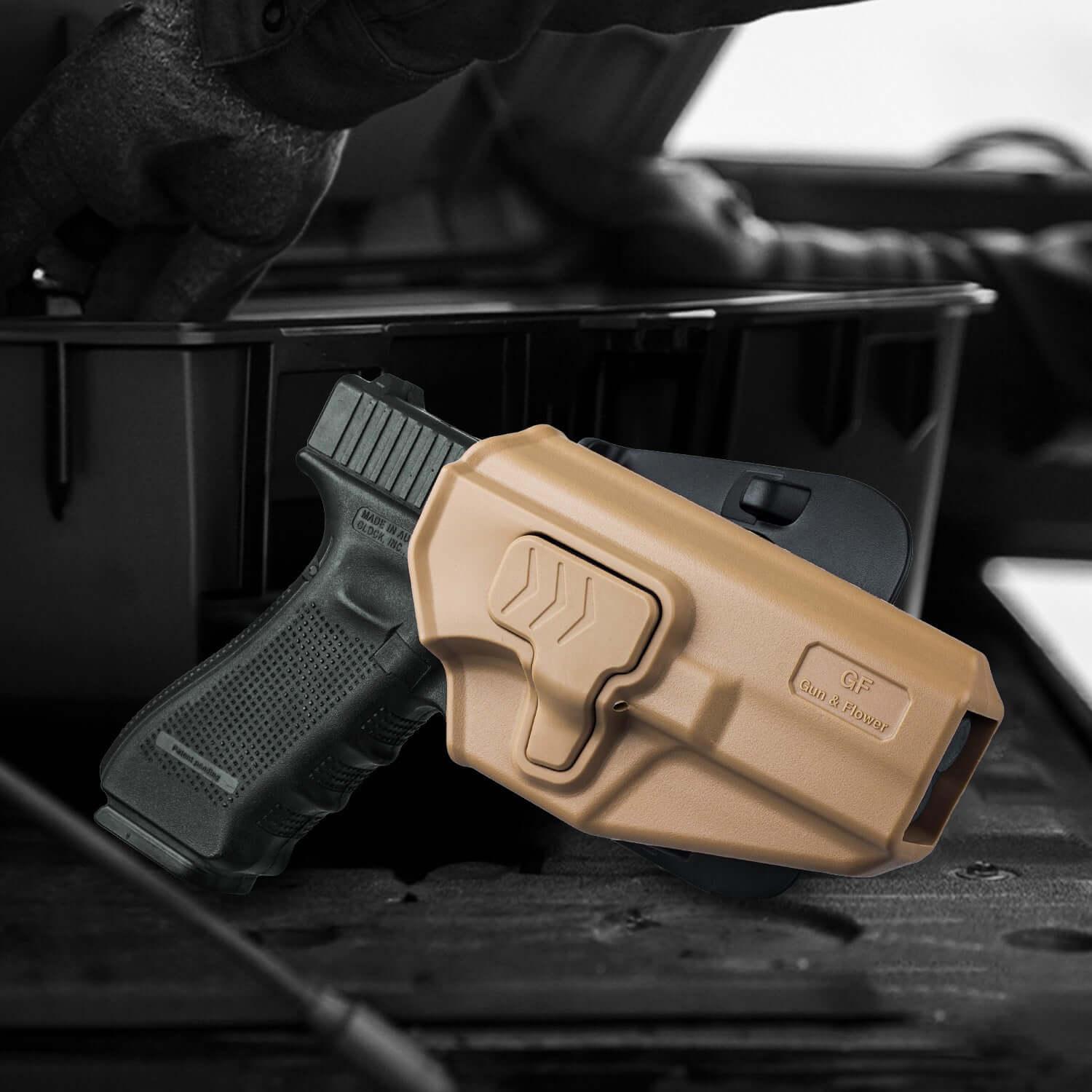 G17 Holster, OWB Holster Fits G17/19/31/32(Gen1-5), G22/23 (Gen 1-4), G19x/45, Open Carry Holster for Outside Waistband, Level II Retention, 360 Adjustable, Right Hand|Gun & Flower Gun & Flower