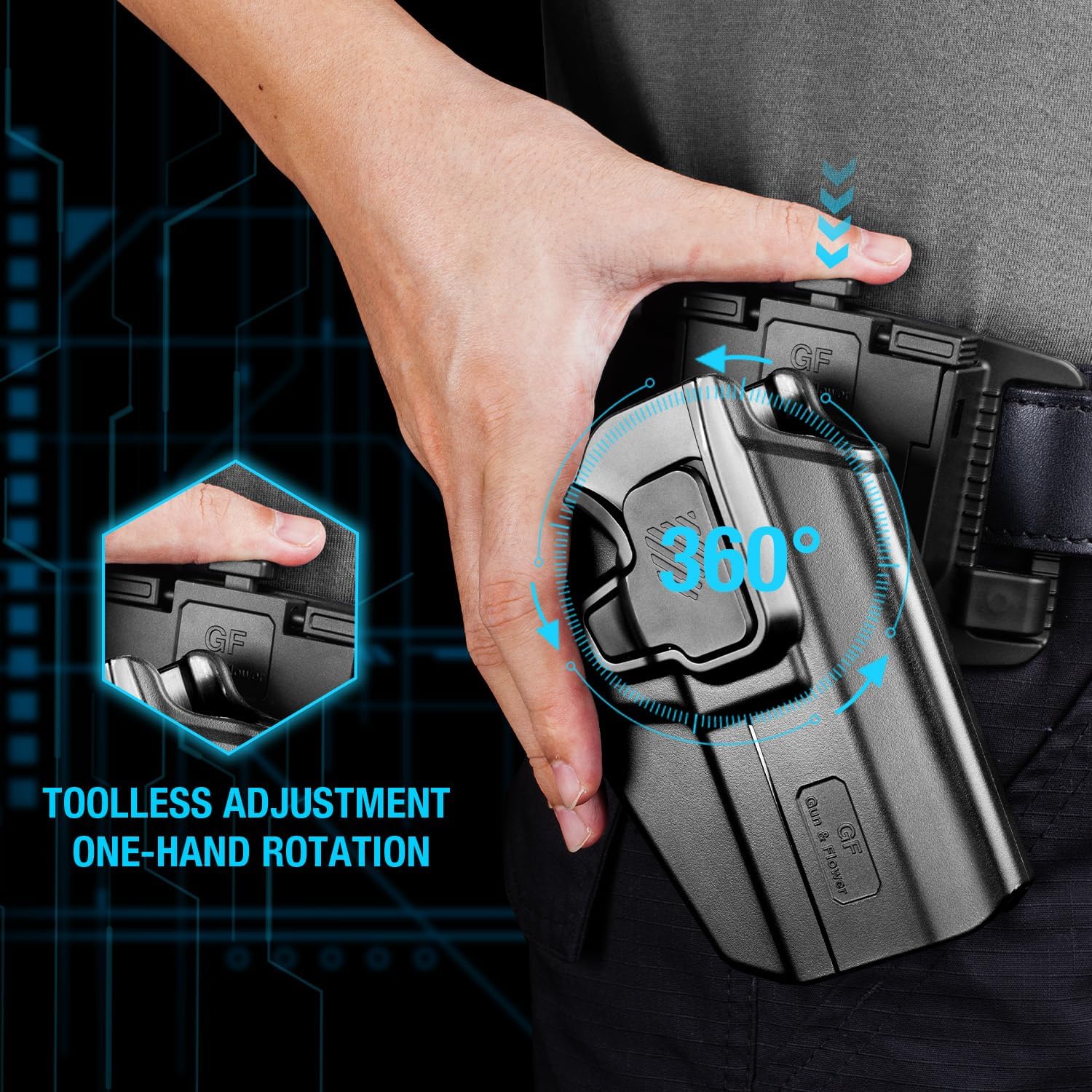 Gun & Flower Tool-Free 360° Adjustment OWB Holster, Optic/RDS Compatible for Smith & Wesson M&P Shield 380 EZ丨M&P Shield 9mm EZ, Quick Release, Level 2 Retention, Belt Loop,Right Hand polymerholster