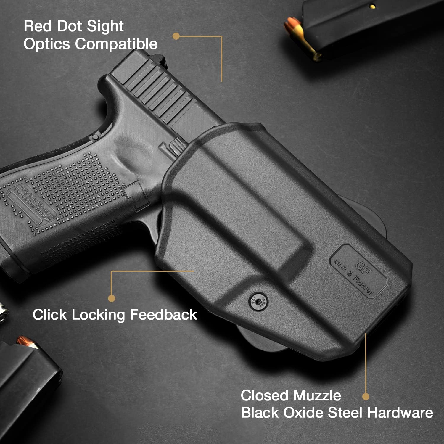 OWB Holster Compatible with G17 Gen3-5 G17 Gen4 MOS G17 Gen5 MOS G19 Gen3-5 G19 Gen4 MOS G19 Gen5 MOS Glock 26 Gen3-5 G34 G19X G34 Gen5 G44 G45 MOS. Outside Waistband Carry Holster with Level I Retention-Right Hand GUN & FLOWER