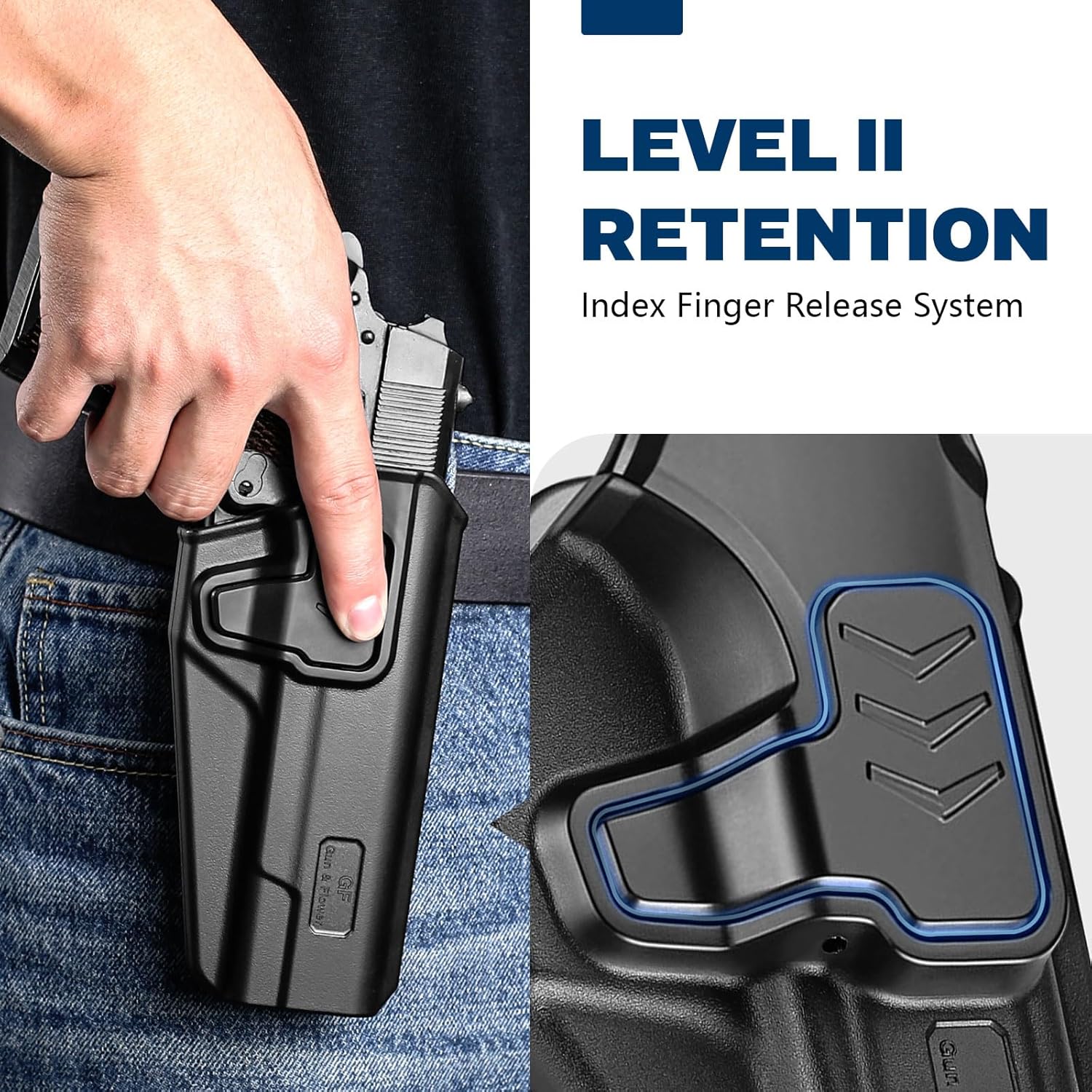 GUN & FLOWER OWB Holster Fit 1911 Colt-Elite Force-Kimber-Springfield-RIA-S&W-Ruger-Taurus-Rock Island and Most 1911 5'' No Rail, Index Finger Release, 360 Degrees Adjustable Paddle w/Molle Adapter polymerholster