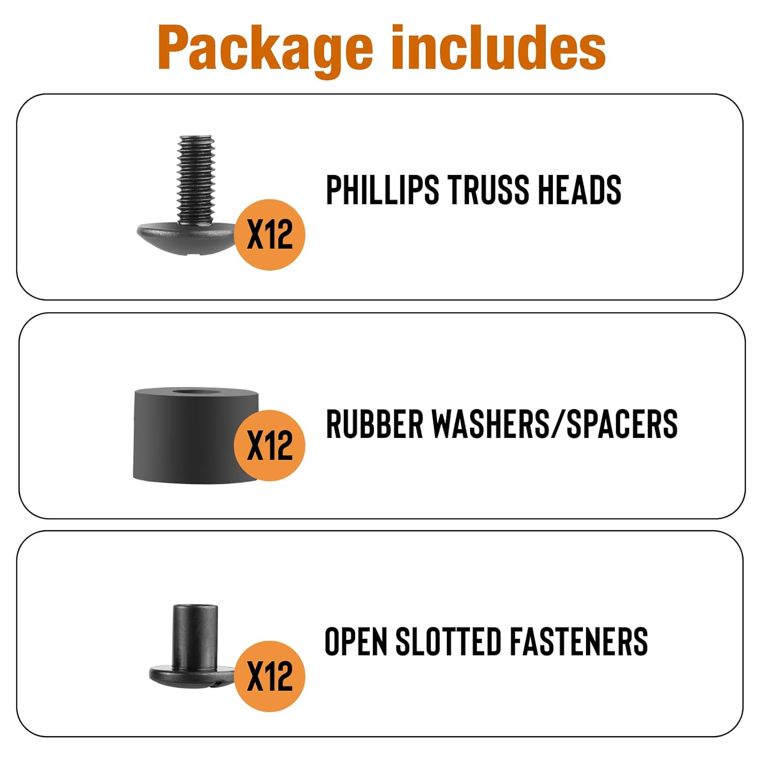 12 Sets Black Chicago Screws for DIY Kydex/Leather Holsters, Clips & Knife Sheaths - Includes Phillips Truss Heads, Slotted Fasteners & Rubber Spacers | Secure Fit, Anti-Loosening polymerholster