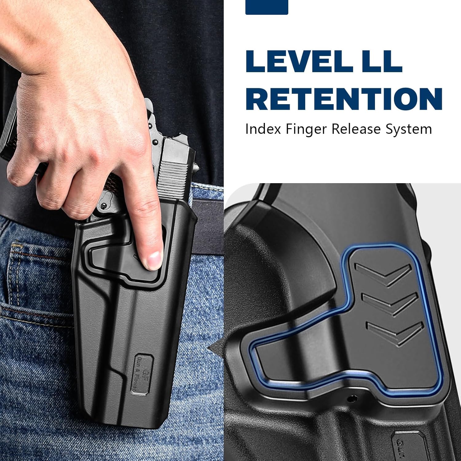 GUN & FLOWER OWB Holster Fit 1911 Colt-Elite Force-Kimber-Springfield-RIA-S&W-Ruger-Taurus-Rock Island and Most 1911 5'' No Rail, Index Finger Release, 360 Degrees Adjustable Belt Clip w/Molle Adapter polymerholster