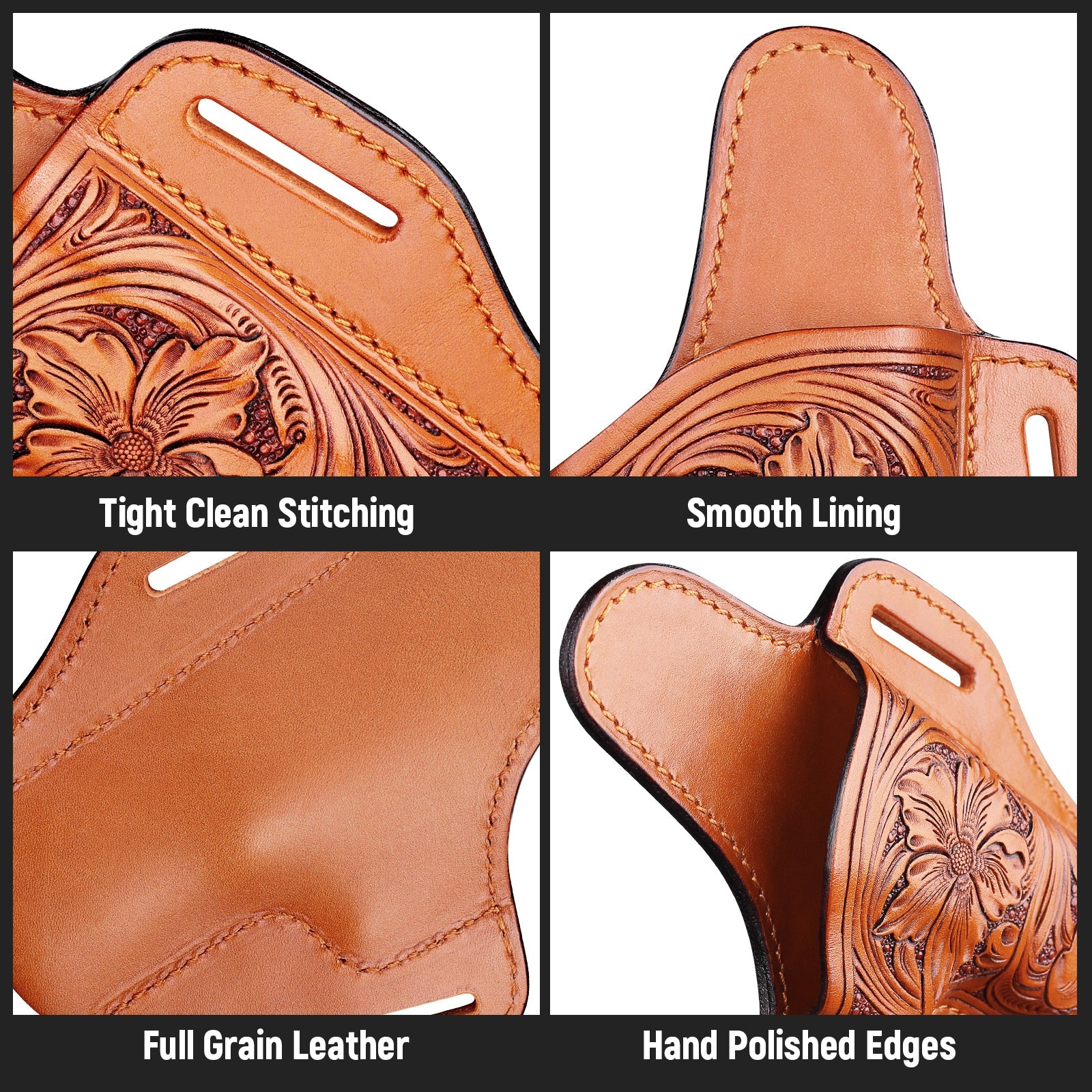 GUN & FLOWER Hand-Carved Full-Grain Leather Luxury OWB Holster for Glock 17/19 Gen 3-5, 22/23/31/32 Gen 3-4, Glock 19x/44/45 – Exclusive Dual-Sided Smooth Protection, Floral Design, Fits 1.5" Belts polymerholster