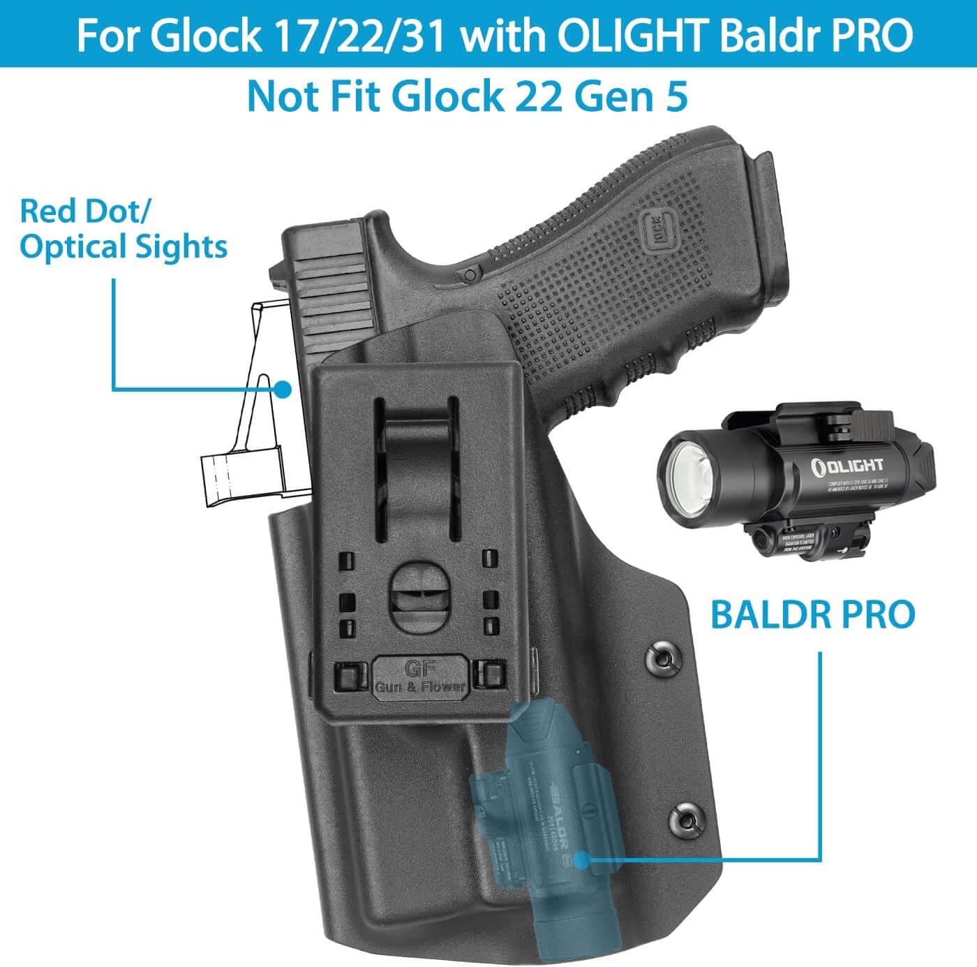 Glock 17/19 Gen 3-5 & Glock 19X/44/45 with Olight Baldr Mini/Baldr S/Baldr RL Mini, OWB Kydex Holster Adj Retention, Right Hand | Gun & Flower Gun & Flower