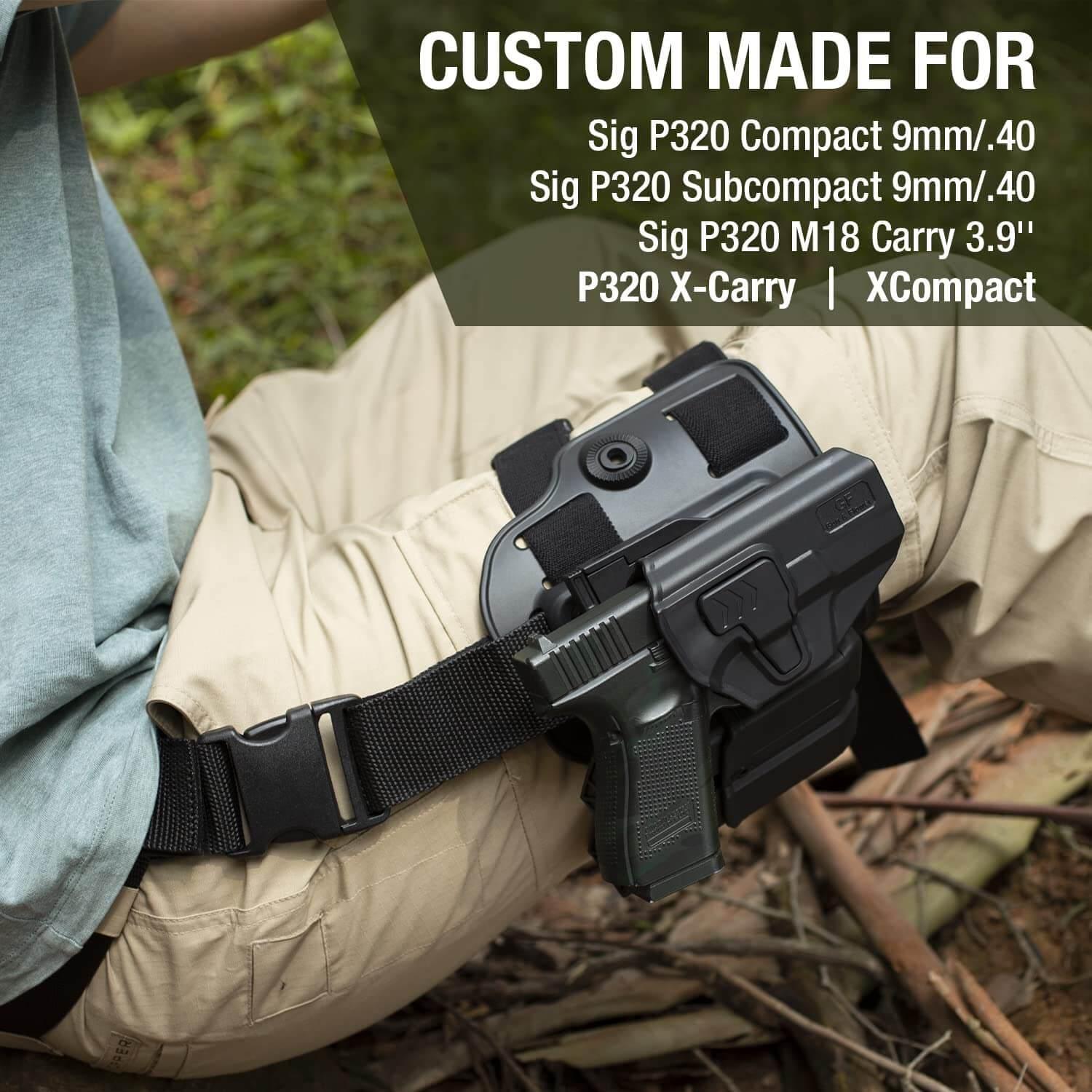 Drop Leg Platform w/ Level 2 OWB Holster, Fit Sig P320 Compact 9mm/.40, Sig P320 Subcompact 9mm/.40, Sig P320 M18 Carry 3.9'', P320 X-Carry / XCompact, Right Hand | Gun & Flower Gun & Flower