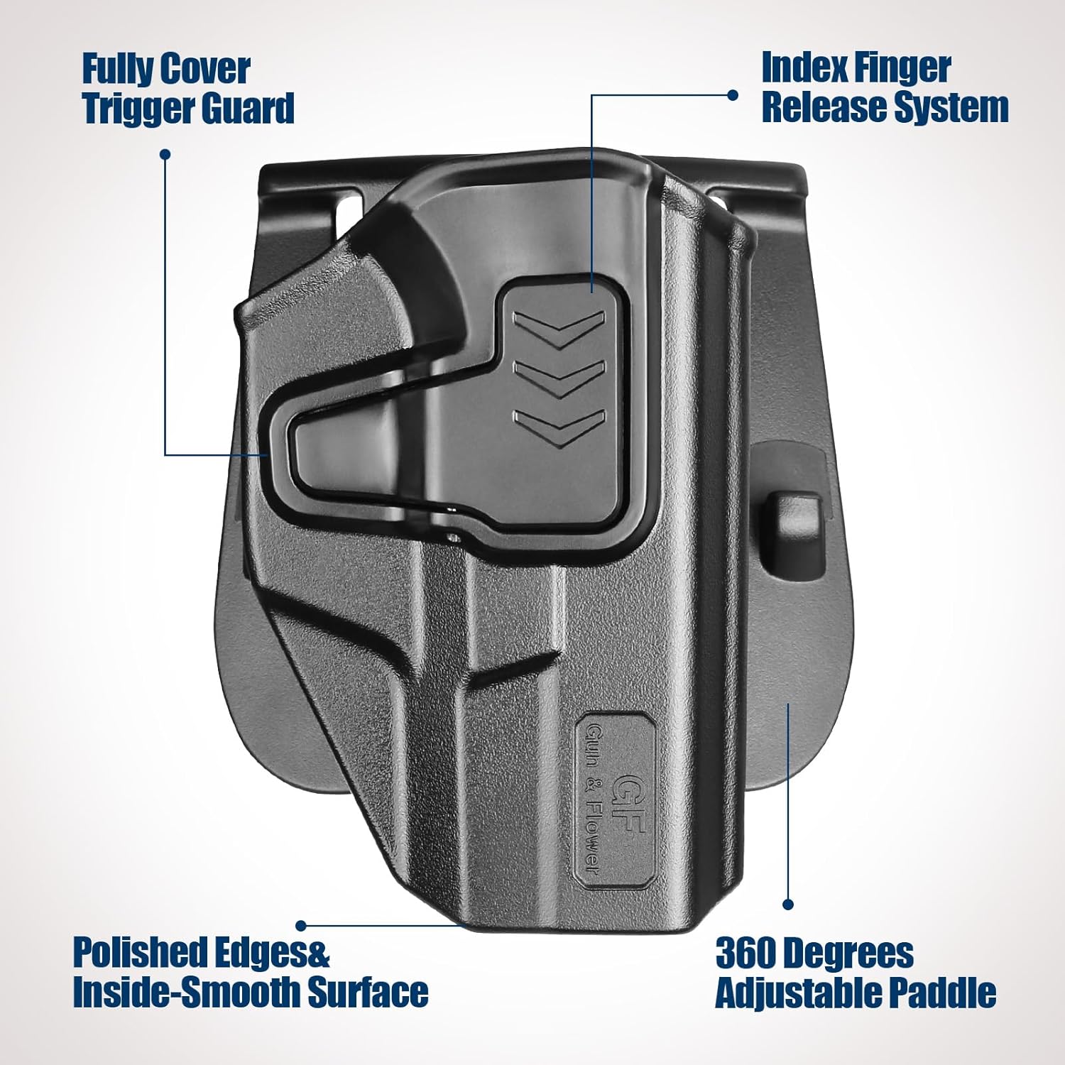 GUN & FLOWER OWB Paddle Holster Fits Glock G19 Gen3-5, G23/G32 Gen3-4, G19X/G44/G45, Outside Waistband Carry Paddle w/Molle Adapter, Level II Index Finger Release, 360 Degrees Adjustable, Right Hand