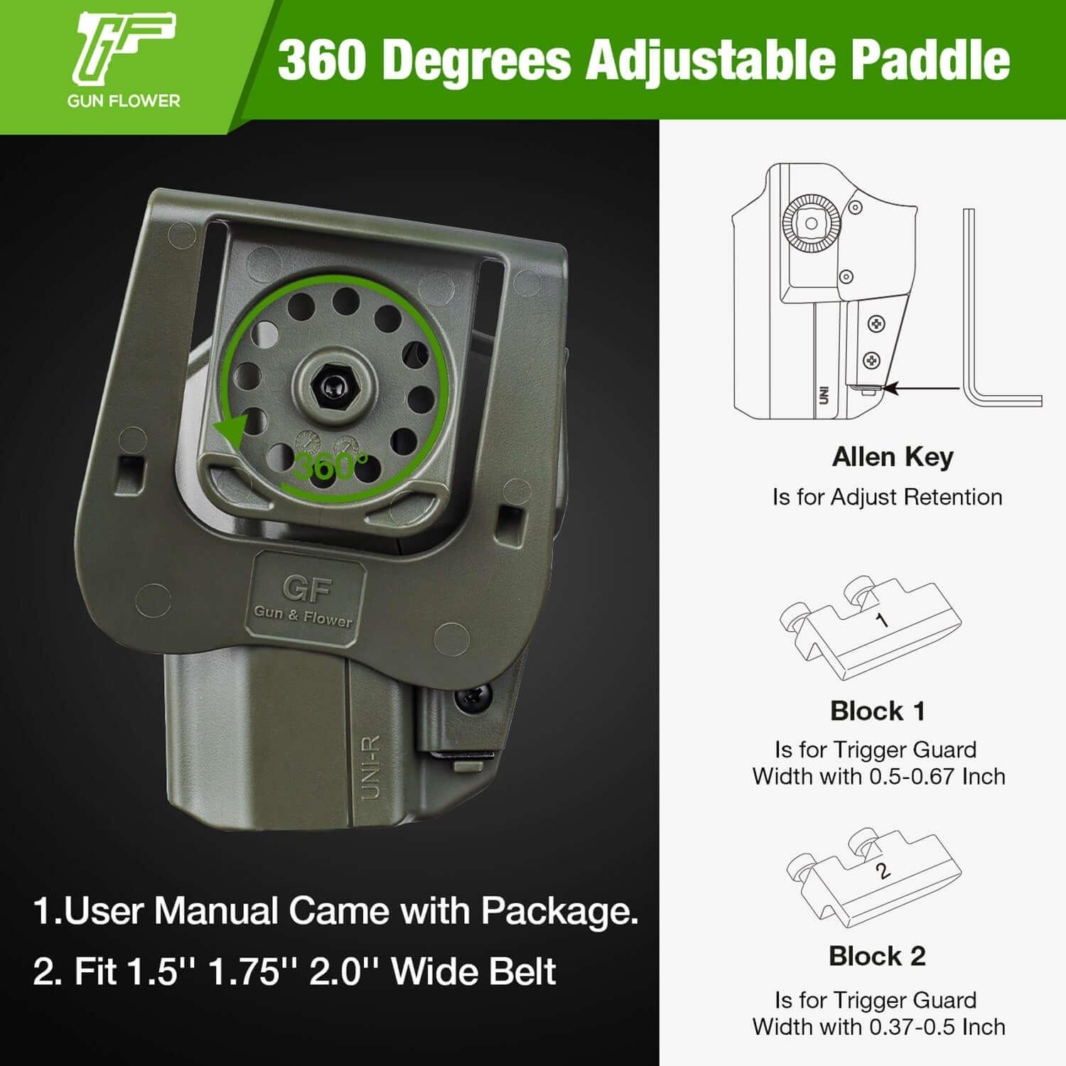 Universal OWB Green Holster Fits More Than 100 Pistols, Index Finger Release System, Adj Retention, Right Hand Gun & Flower